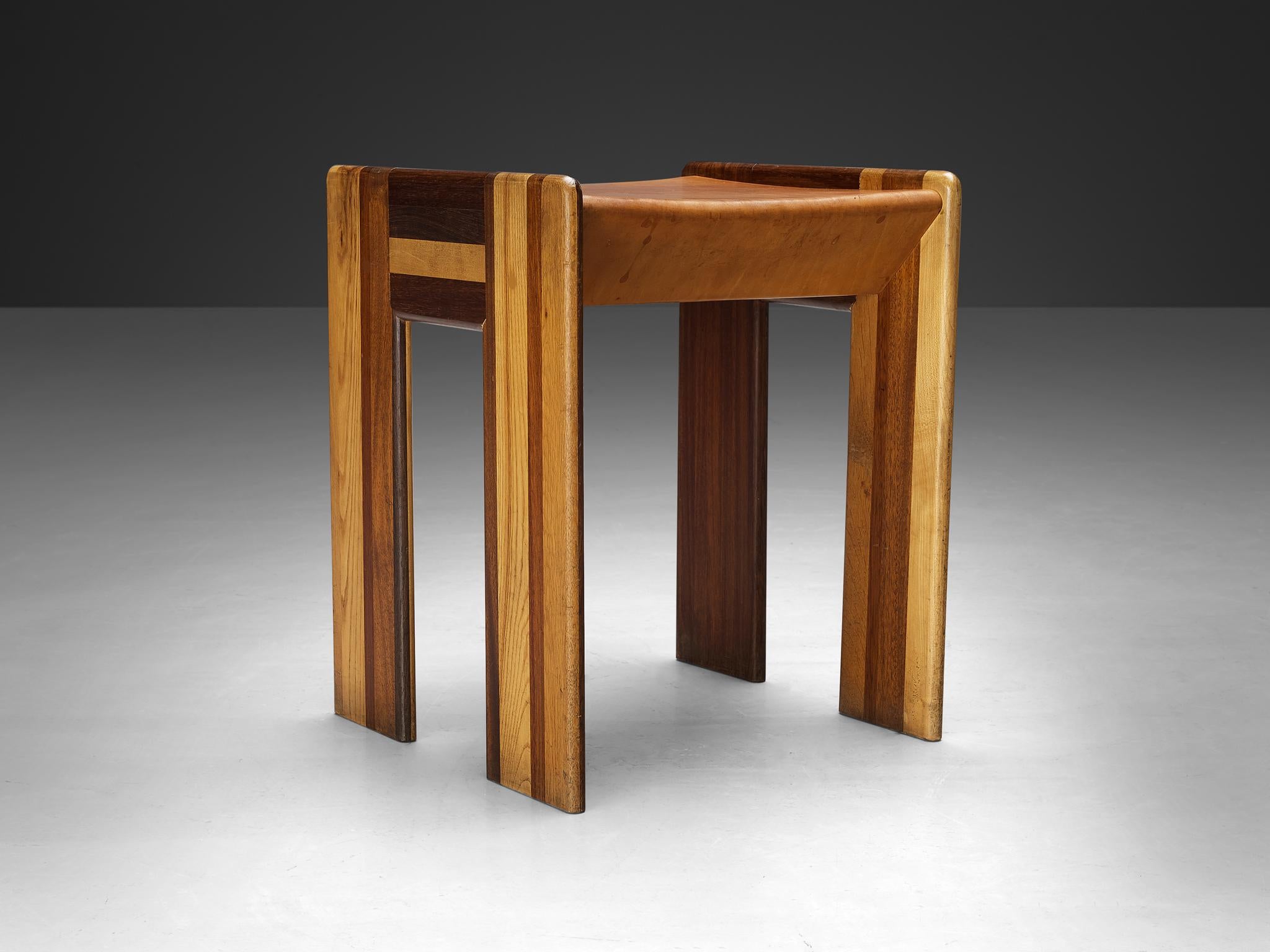 Afra & Tobia Scarpa 'Benetton' Stool in Mixed Wood and Cognac Leather In Good Condition For Sale In Waalwijk, NL