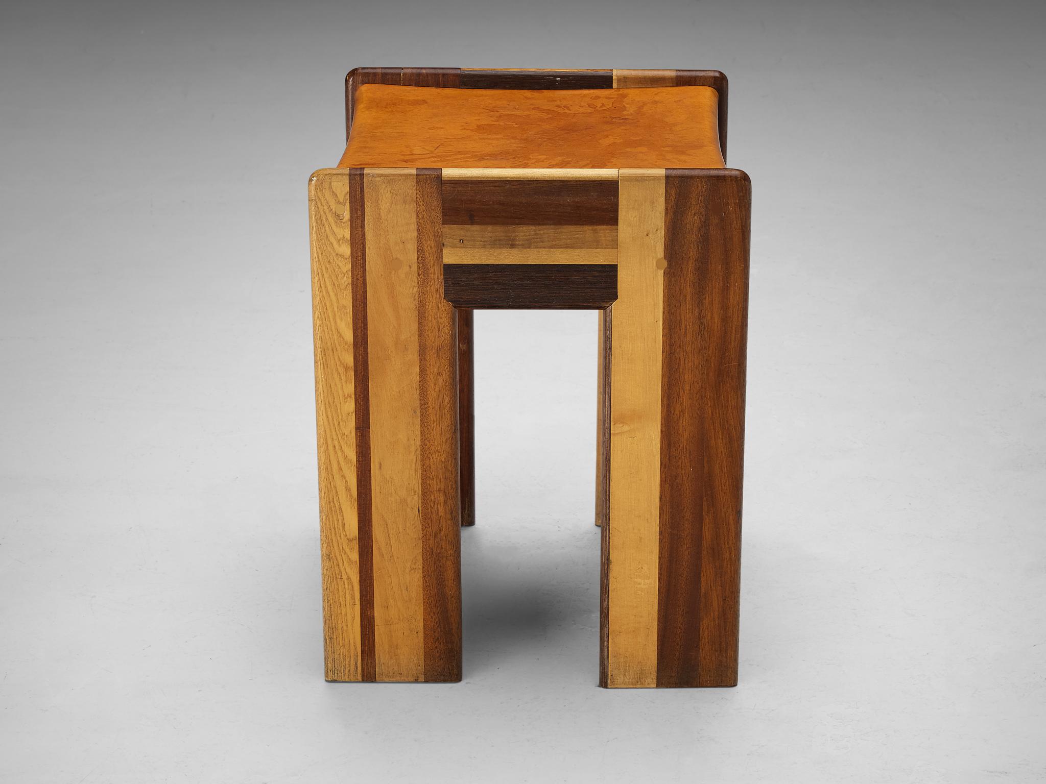Afra & Tobia Scarpa 'Benetton' Stool in Mixed Wood and Cognac Leather For Sale 1