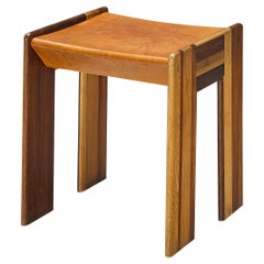 Vintage Afra & Tobia Scarpa 'Benetton' Stool in Mixed Wood and Cognac Leather