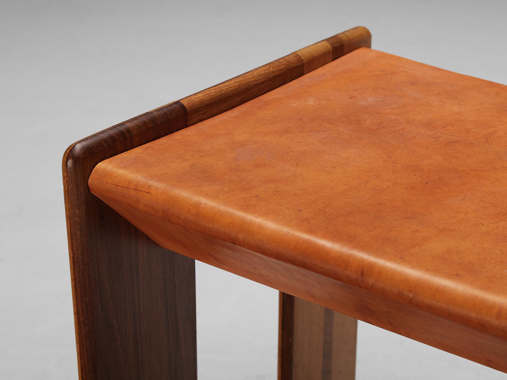 Italian Afra & Tobia Scarpa 'Benetton' Stools in Mixed Wood and Cognac Leather For Sale