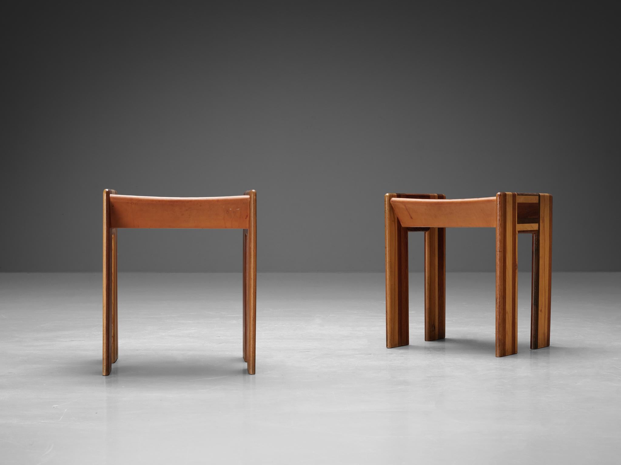 Afra & Tobia Scarpa 'Benetton' Stools in Mixed Wood and Cognac Leather In Good Condition For Sale In Waalwijk, NL