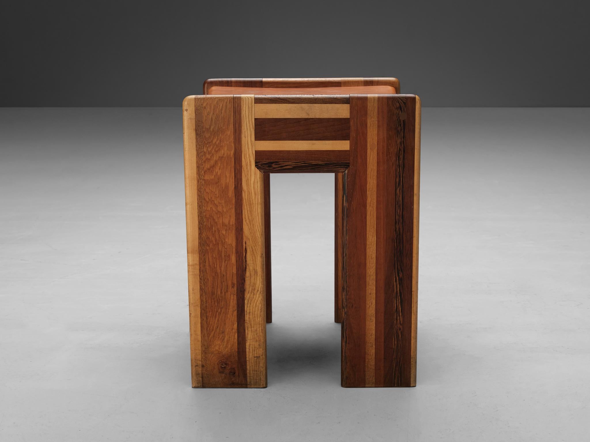 Late 20th Century Afra & Tobia Scarpa 'Benetton' Stools in Mixed Wood and Cognac Leather For Sale