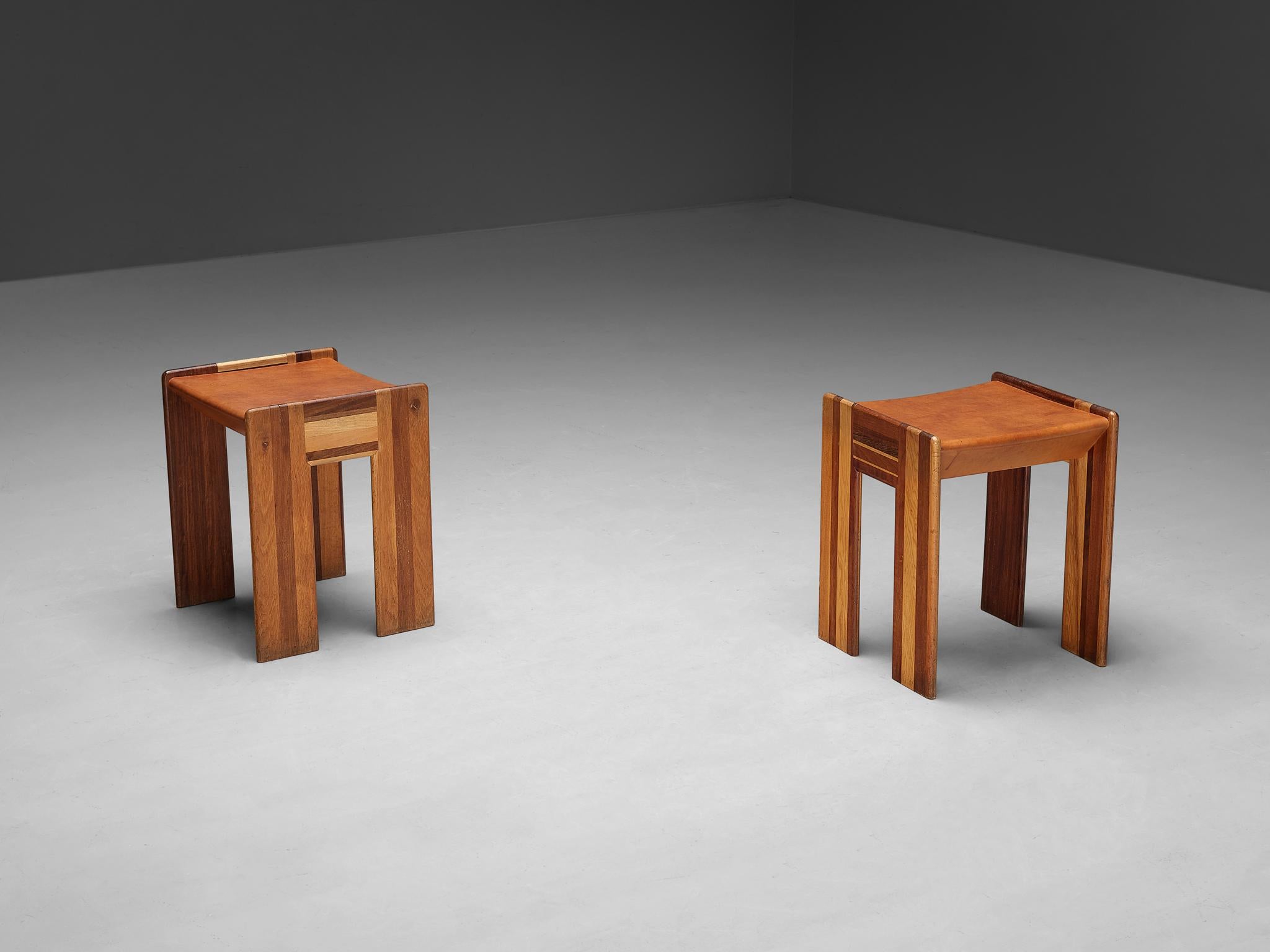 Afra & Tobia Scarpa 'Benetton' Stools in Mixed Wood and Cognac Leather For Sale 1