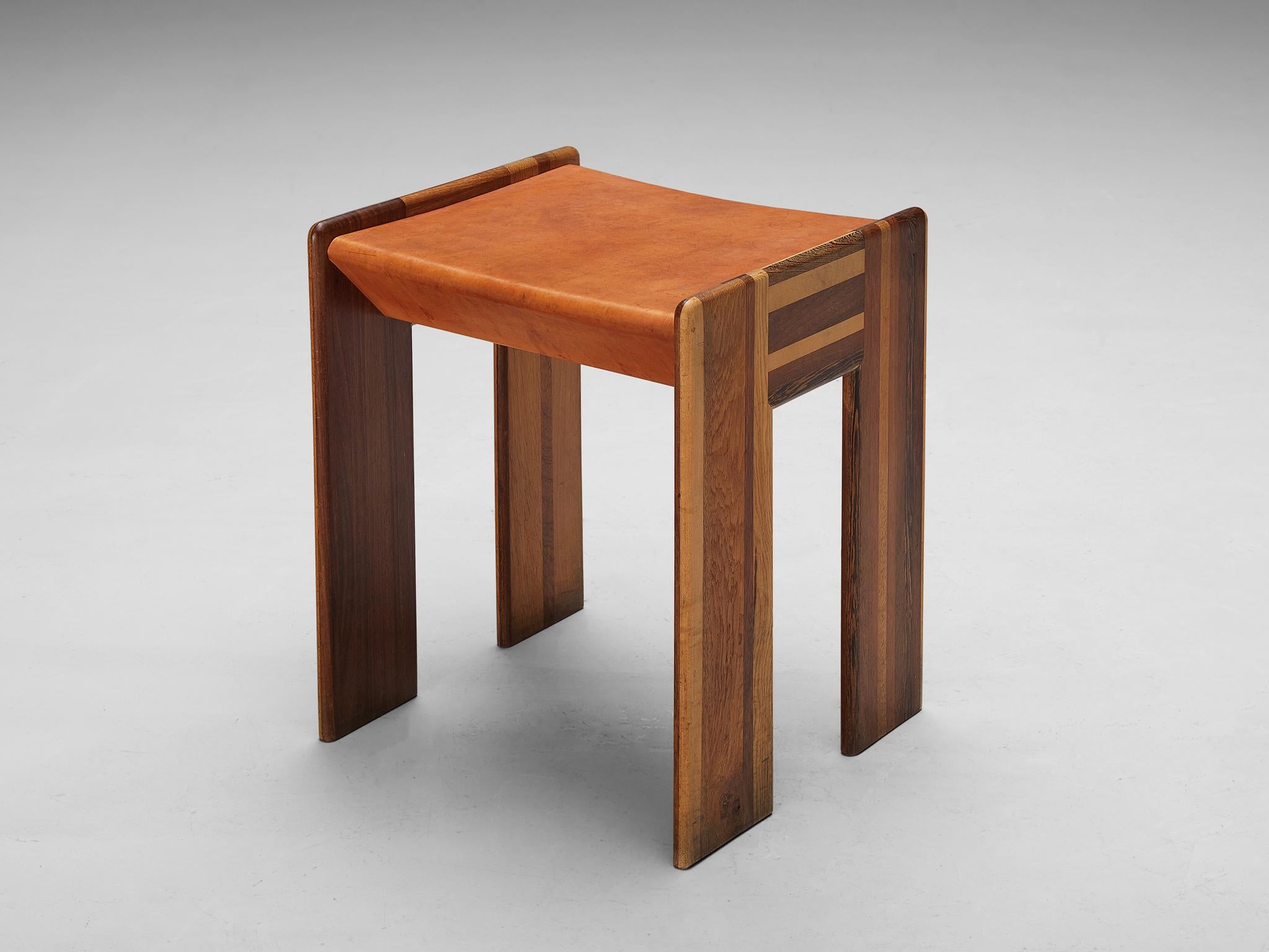 Afra & Tobia Scarpa 'Benetton' Stools in Mixed Wood and Cognac Leather For Sale 3