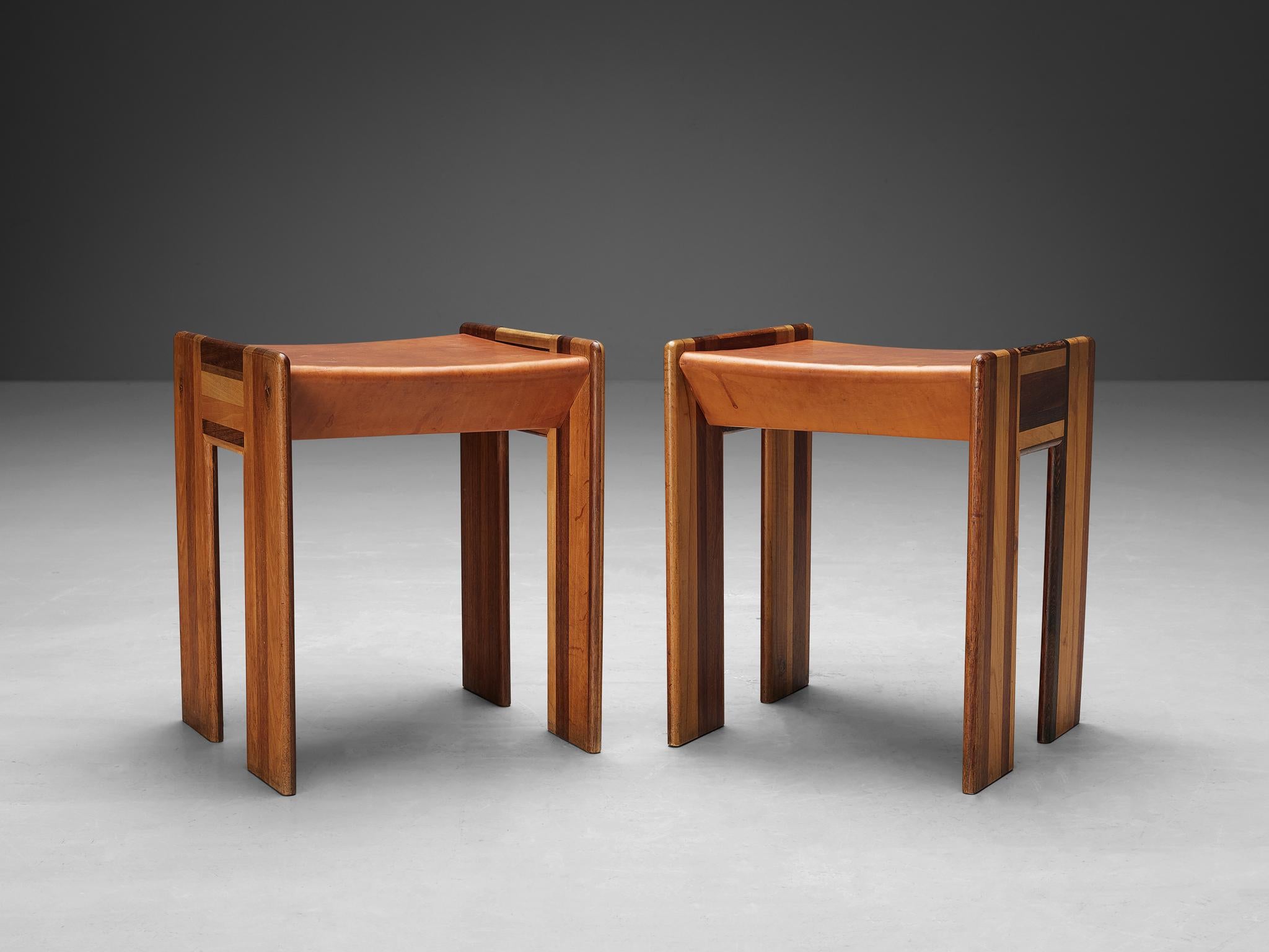 Afra & Tobia Scarpa 'Benetton' Stools in Mixed Wood and Cognac Leather For Sale 4