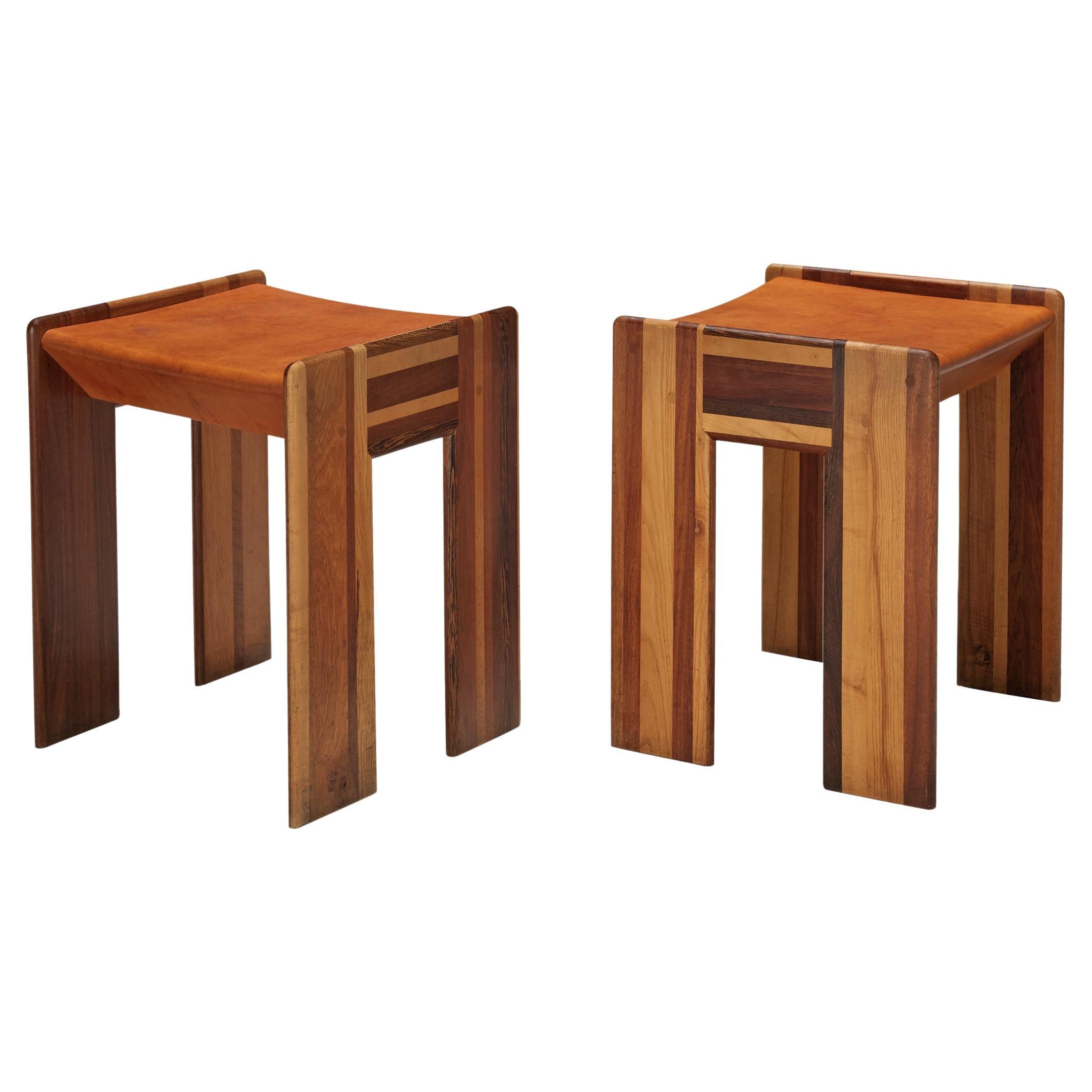 Afra & Tobia Scarpa 'Benetton' Stools in Mixed Wood and Cognac Leather For Sale