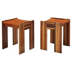 Vintage Afra & Tobia Scarpa 'Benetton' Stools in Mixed Wood and Cognac Leather