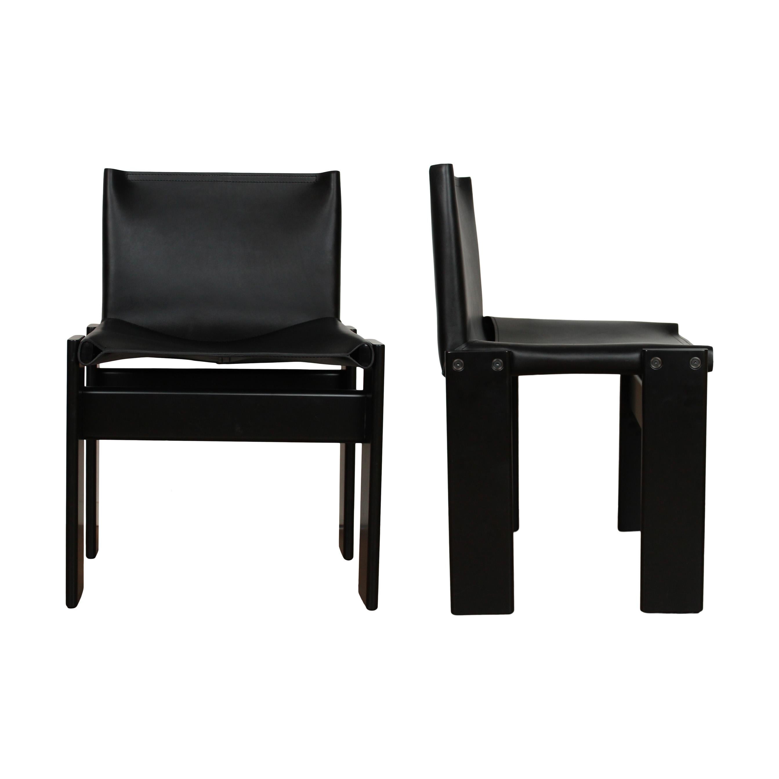 Leather Afra & Tobia Scarpa Black Lacquered Monk Dining Chair for Molteni, Set of 6 For Sale