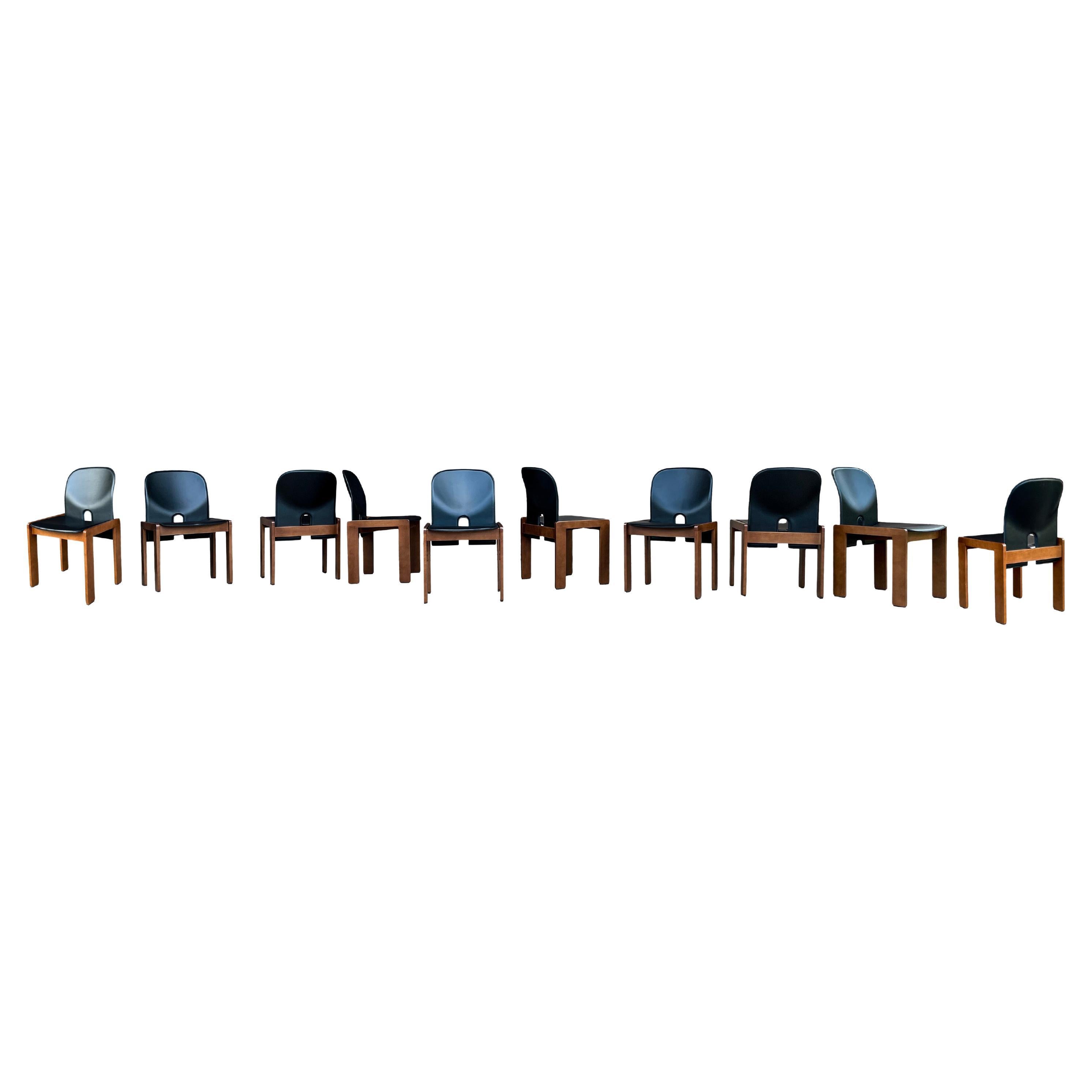 Afra & Tobia Scarpa Black Leather 121 Dining Chair for Cassina, 1967, Set of 10 For Sale