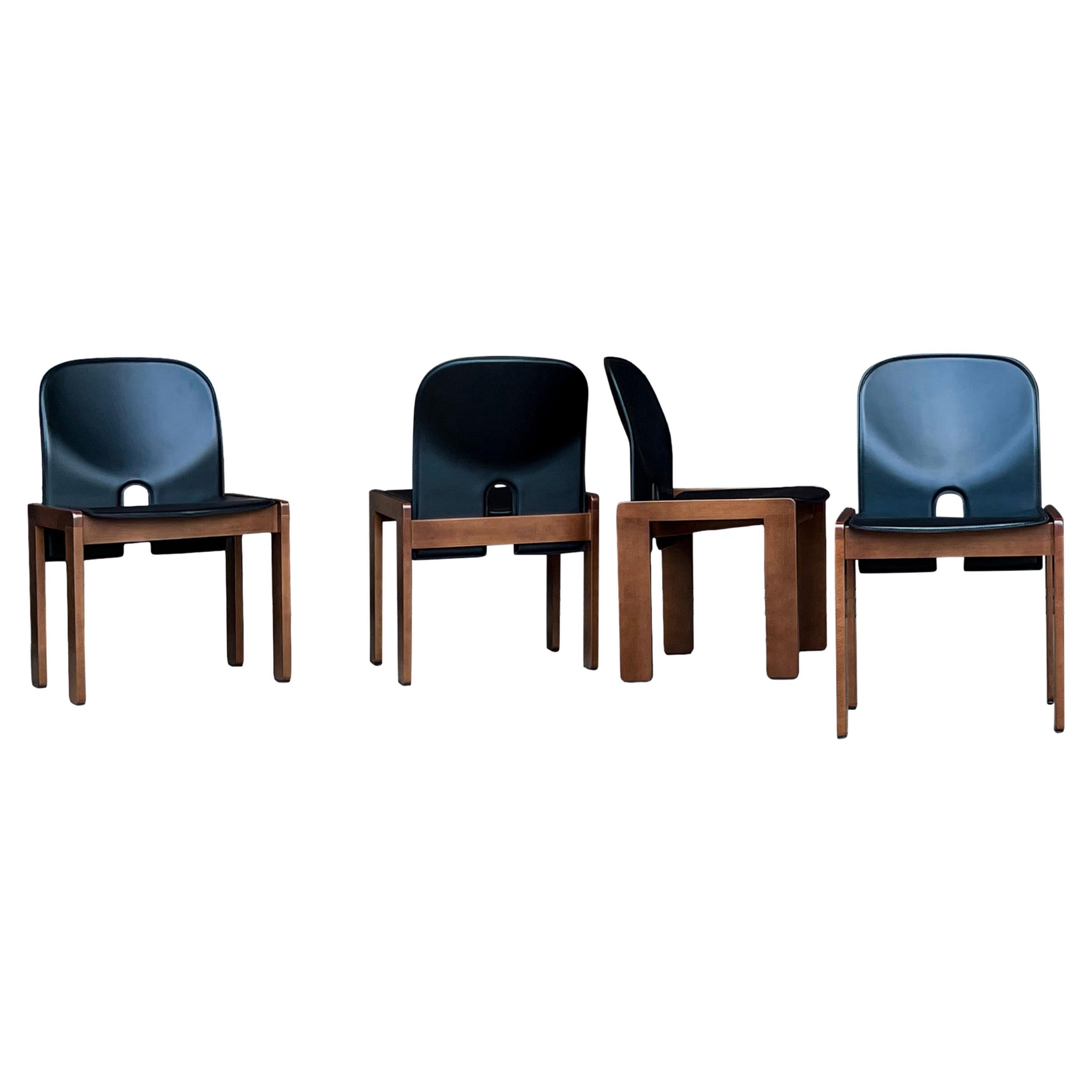 Afra & Tobia Scarpa Chaise de salle à manger 121 en cuir noir pour Cassina, 1967, lot de 4 en vente
