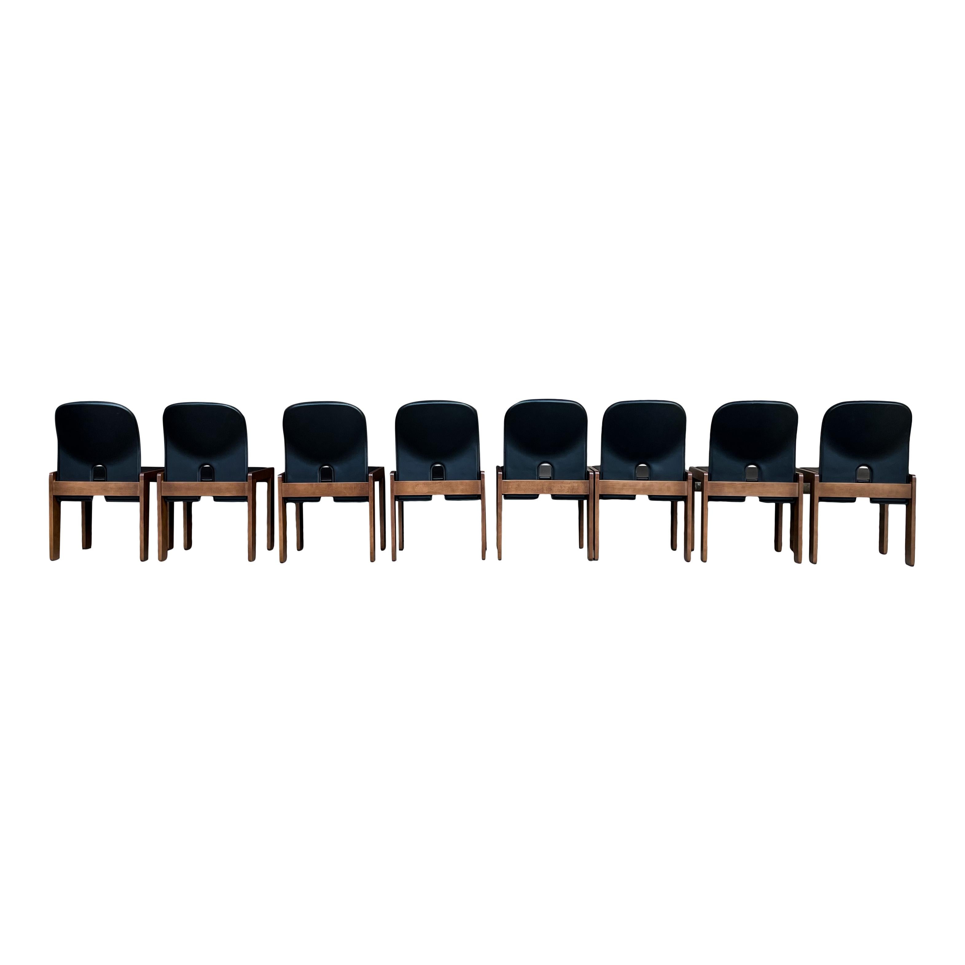 Afra & Tobia Scarpa Black Leather 121 Dining Chair for Cassina, 1967, Set of 8 In Good Condition In Vicenza, IT