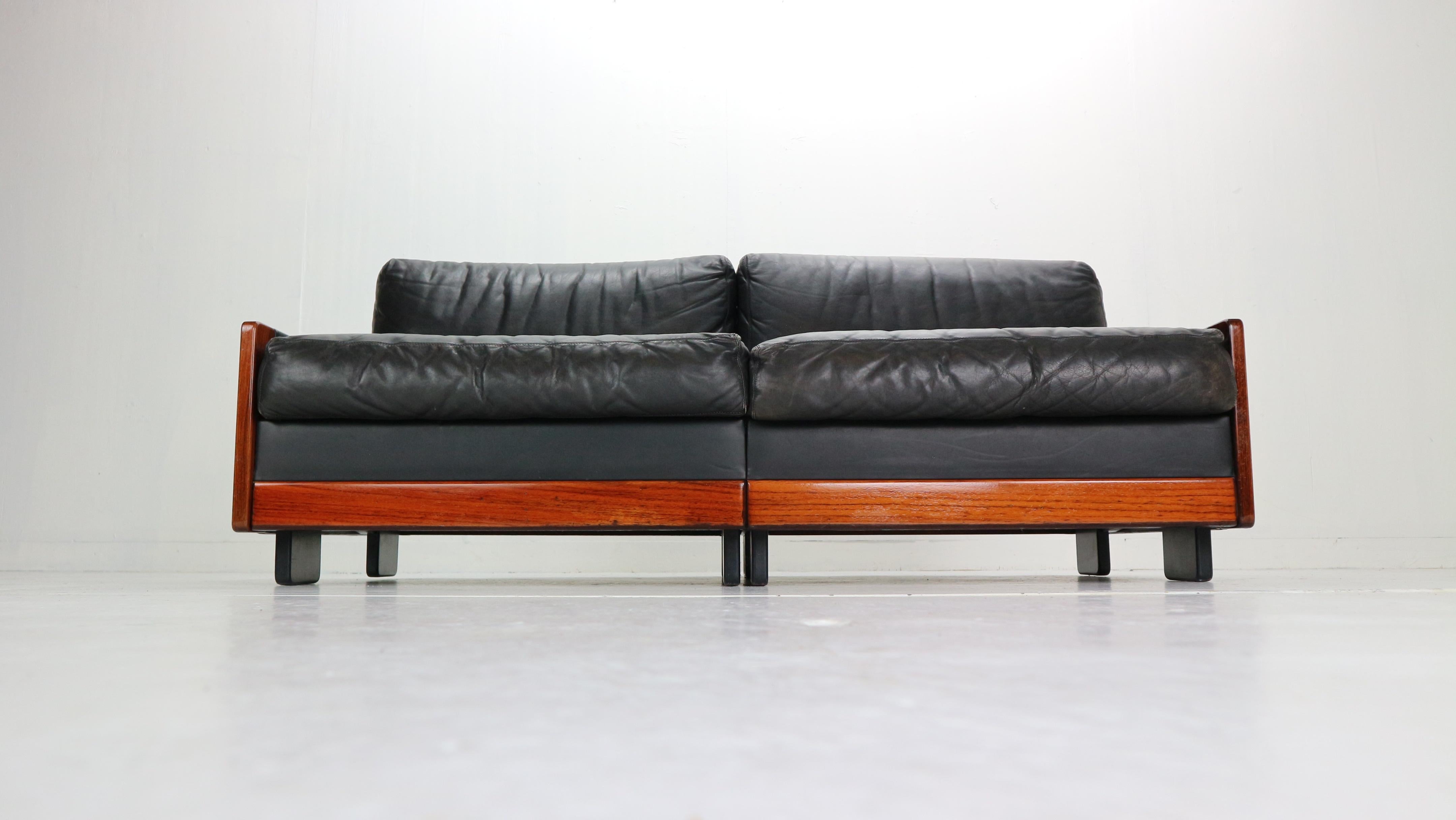 Italian Afra & Tobia Scarpa Black Leather 2-Seat Sofa for Cassina Model-920, 1960s
