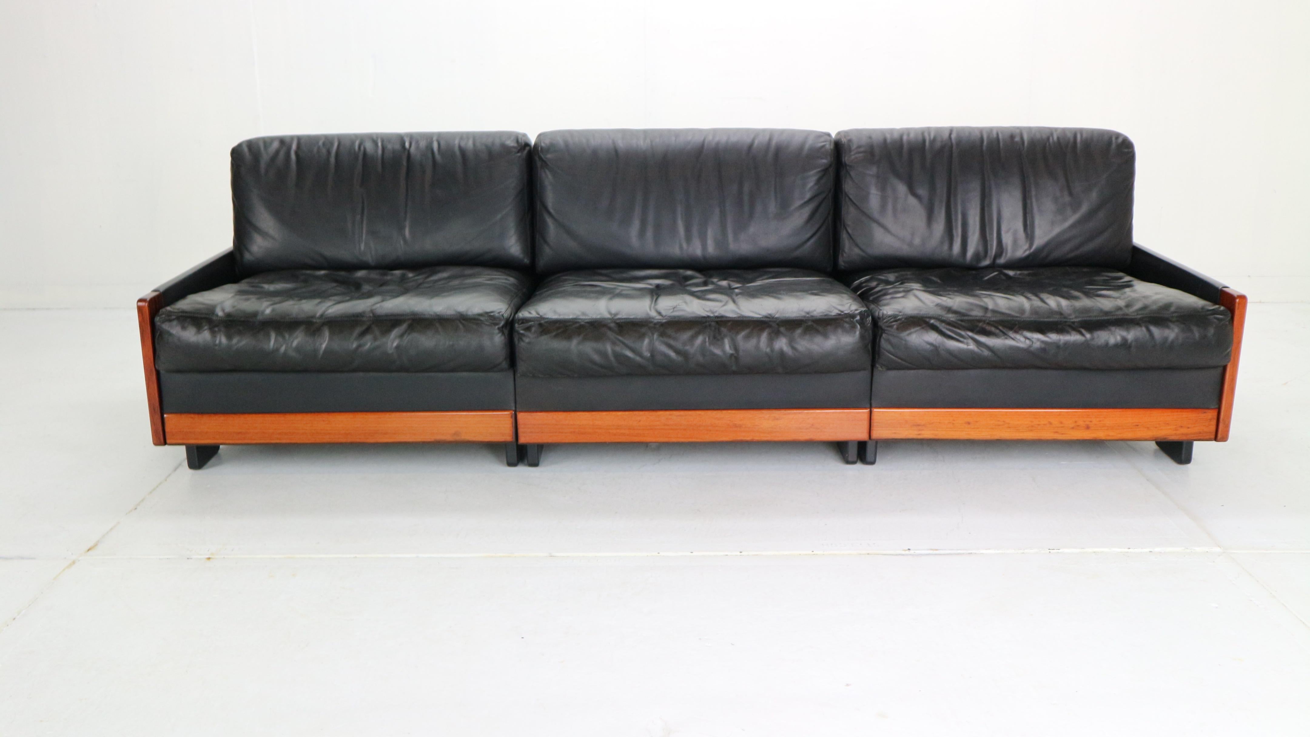 Italian Afra & Tobia Scarpa Black Leather 3-Seat Sofa for Cassina Model-920, 1960s