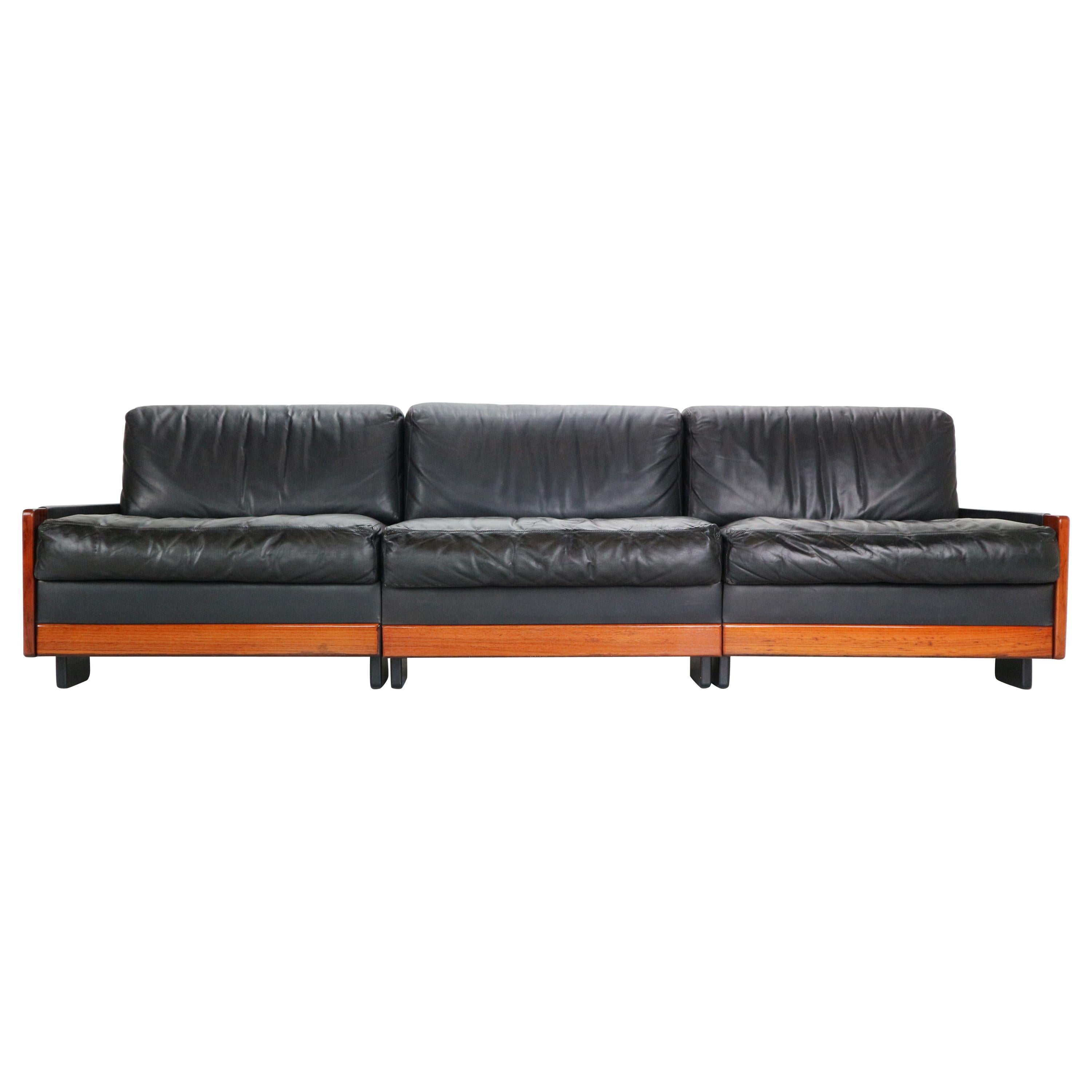 Afra & Tobia Scarpa Black Leather 3-Seat Sofa for Cassina Model-920, 1960s