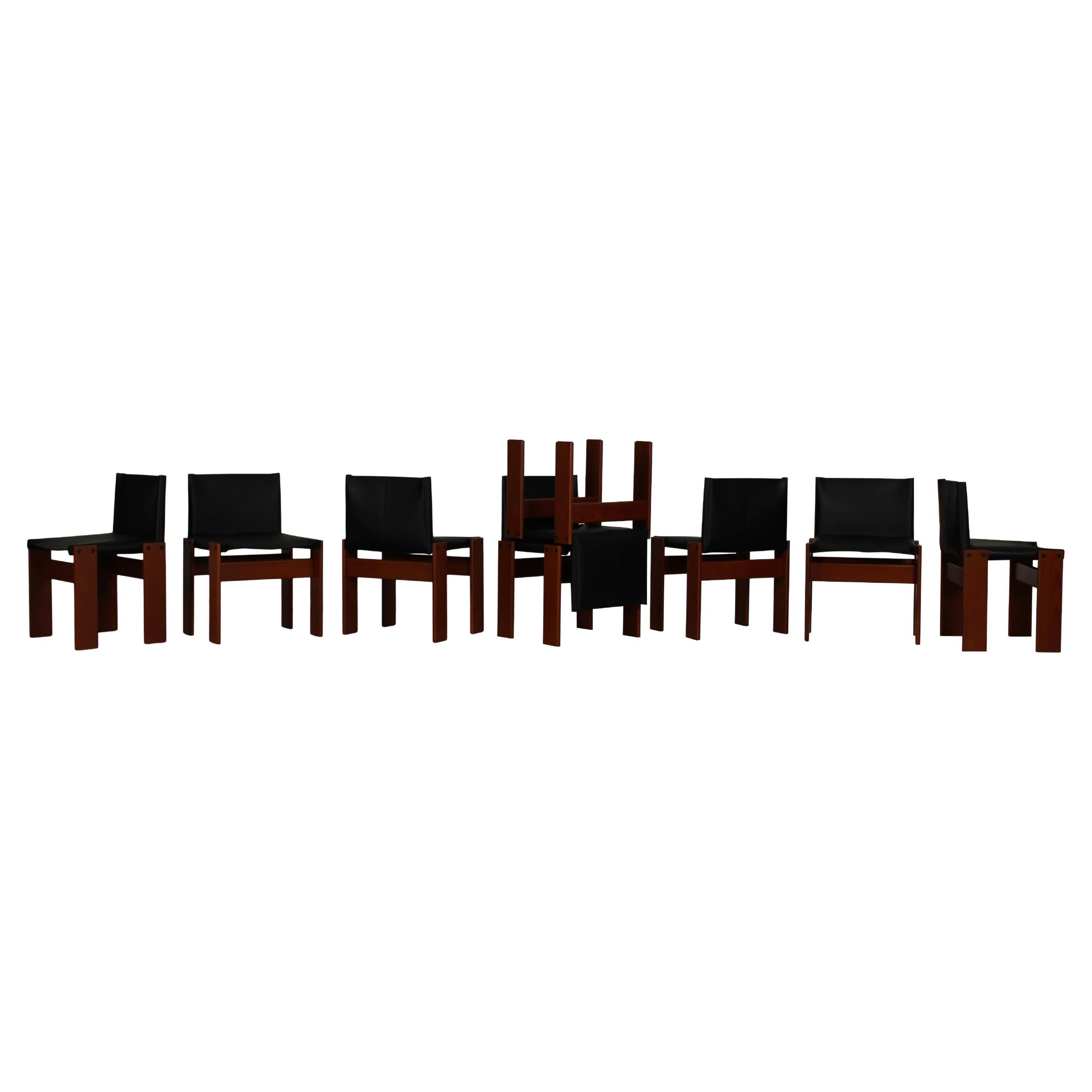 Afra 
Tobia Scarpa Black Leather and Mahogany Monk Chair for Molteni, Set of 8 For Sale