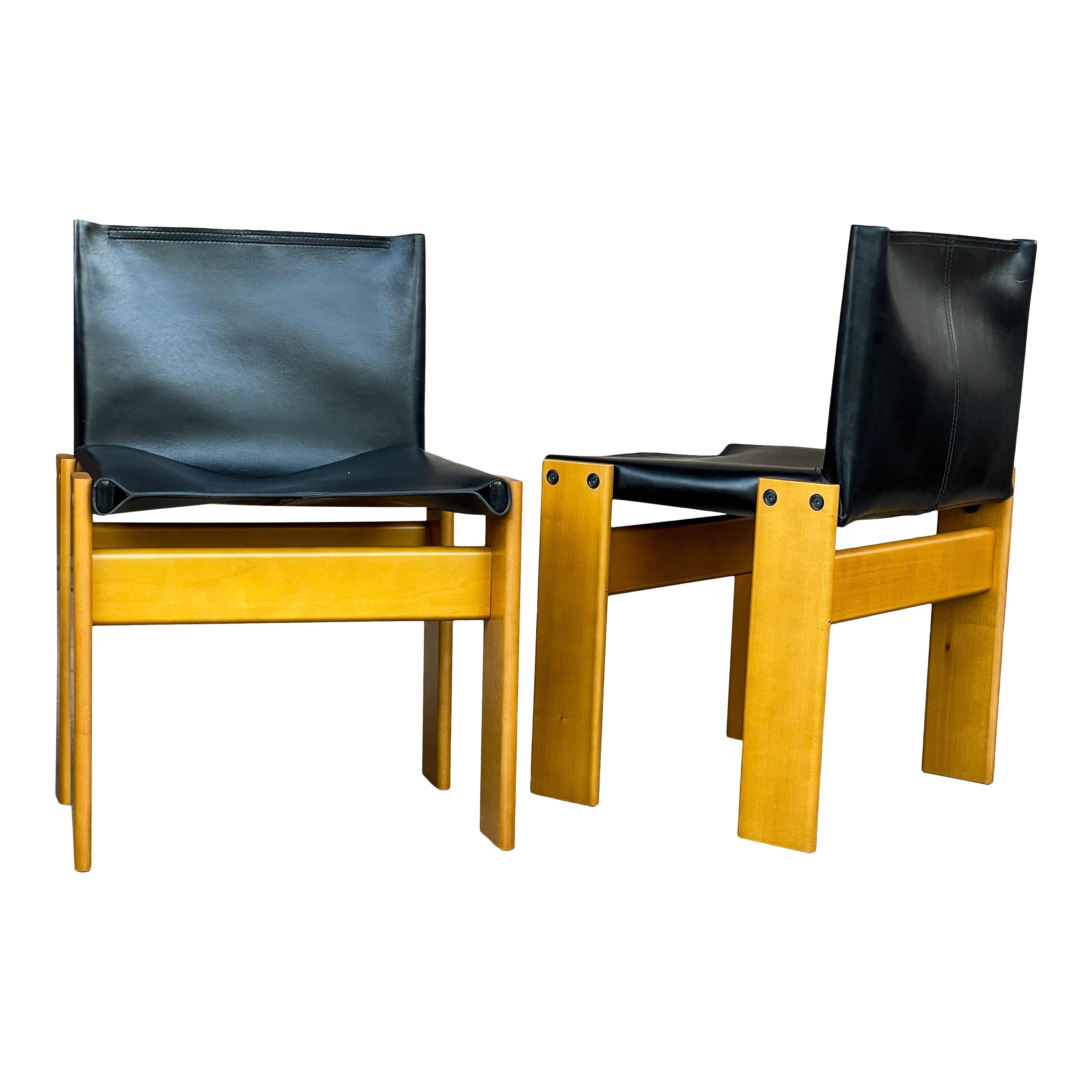 Italian Afra & Tobia Scarpa Black Leather and Monk Dining Chair for Molteni, Set of 6 For Sale