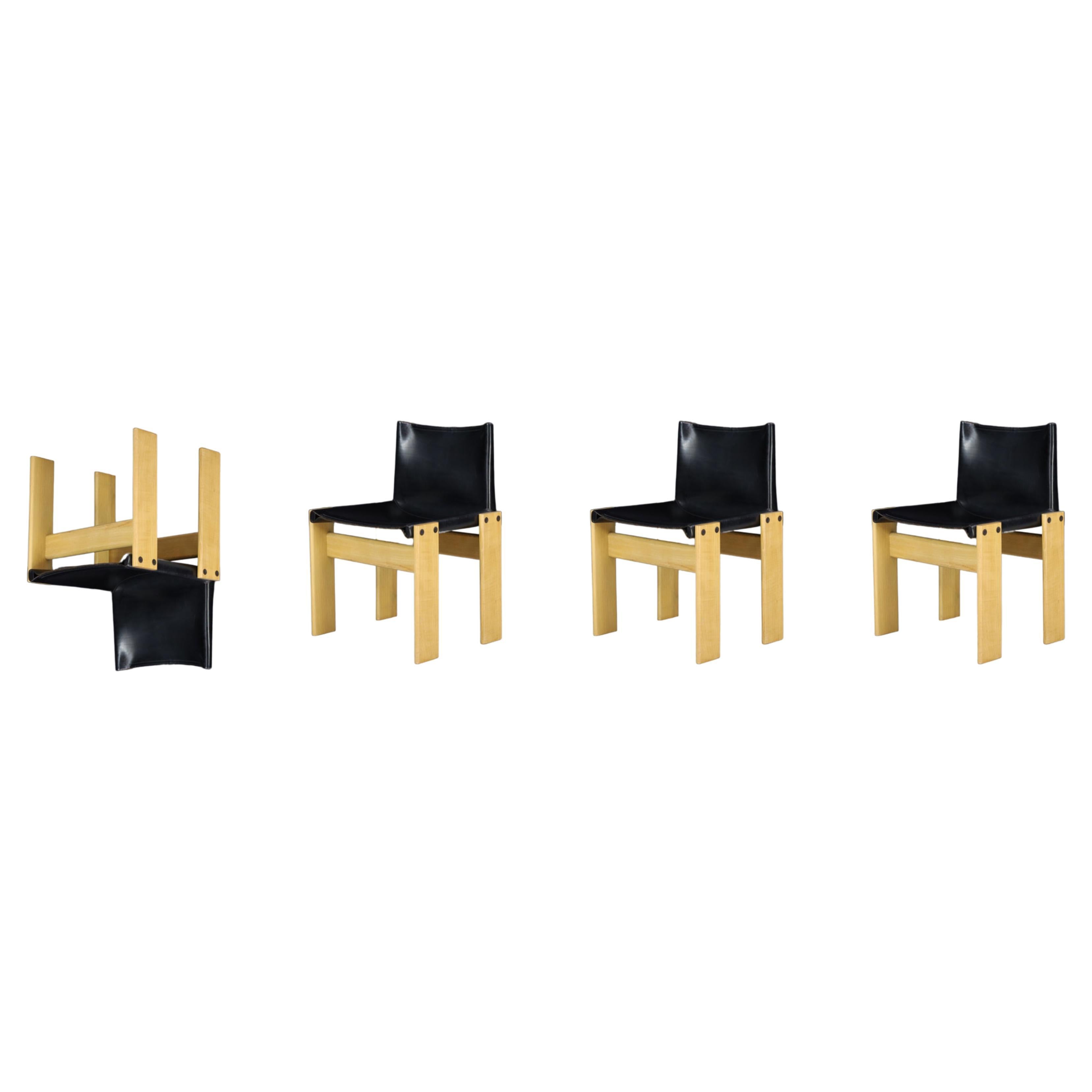 Afra & Tobia Scarpa Black Leather "Monk" Dining Room Chairs for Molteni set of 4 For Sale