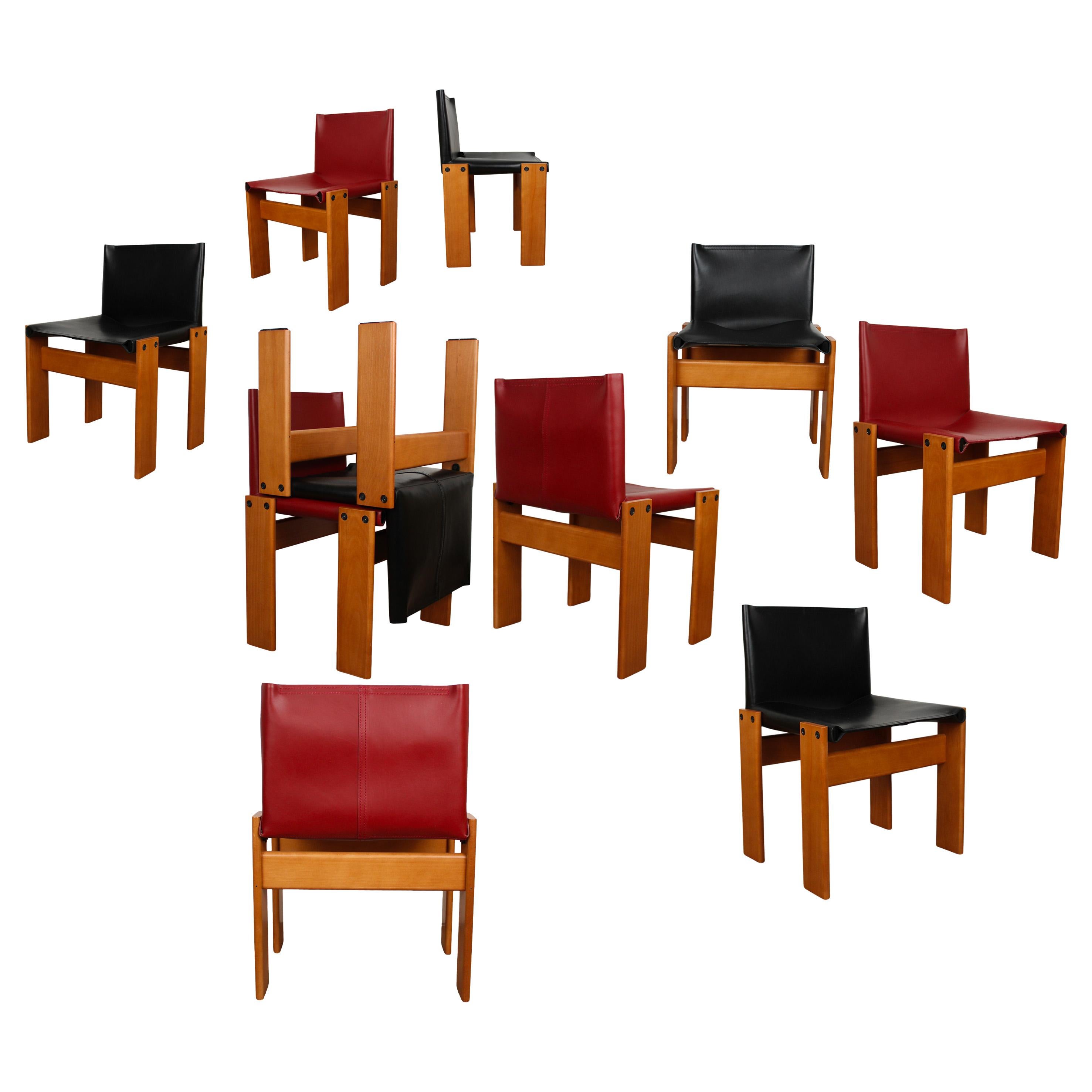 Mid-Century Modern Afra & Tobia Scarpa Black & Red Leather Monk Dining Chair for Molteni, Set of 10 For Sale