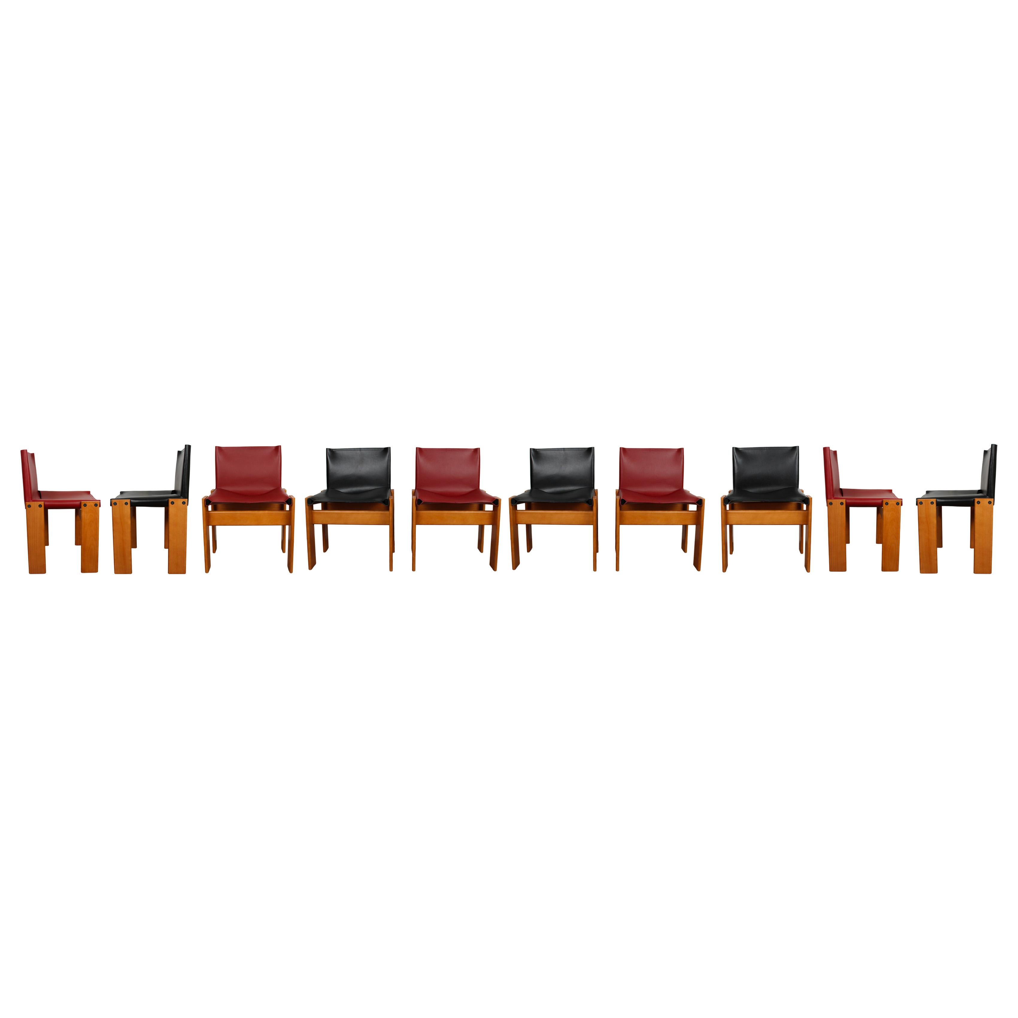 Italian Afra & Tobia Scarpa Black & Red Leather Monk Dining Chair for Molteni, Set of 10 For Sale