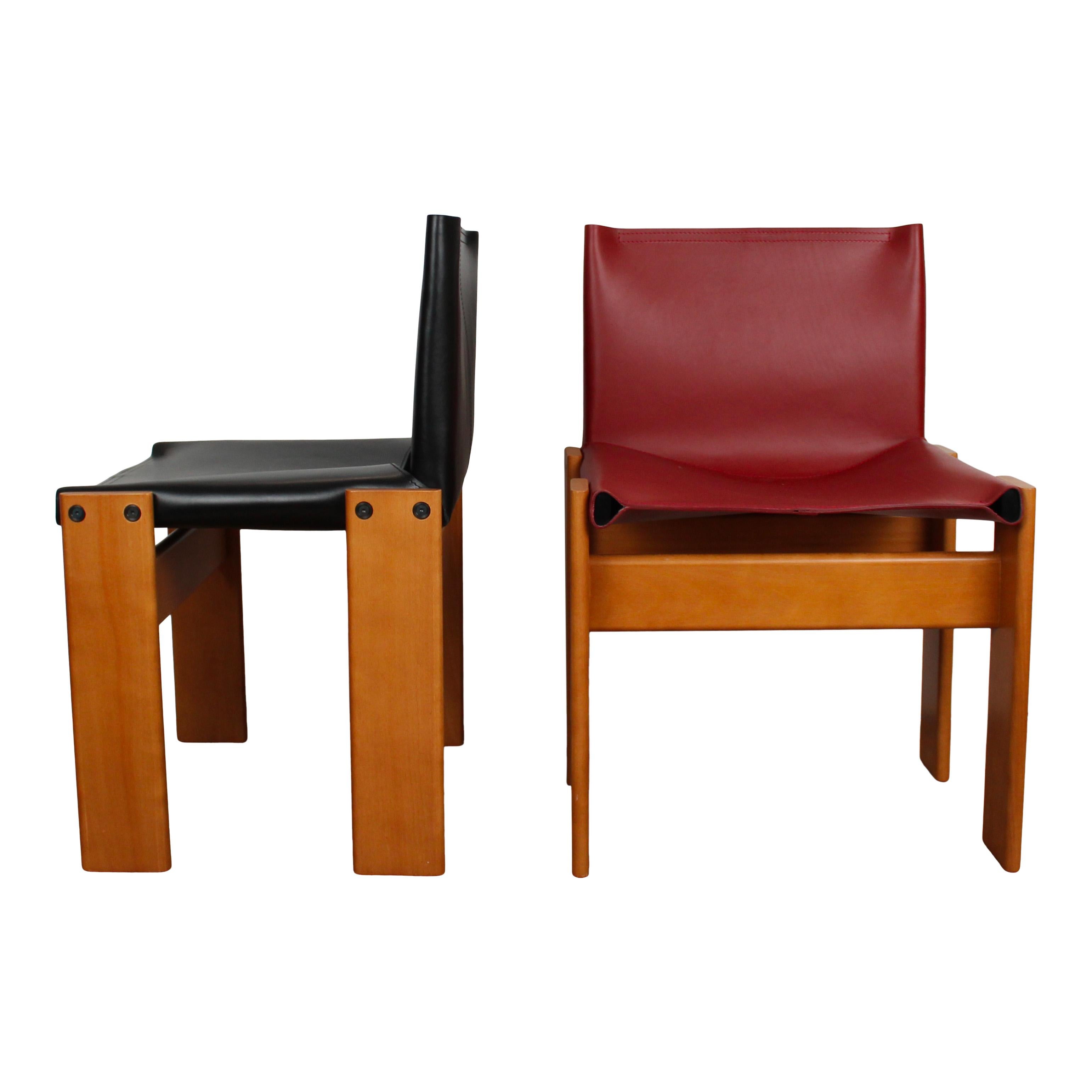 Fine XX secolo Sedia da pranzo Afra & Tobia Scarpa in pelle nera e rossa per Molteni, Set di 10 in vendita