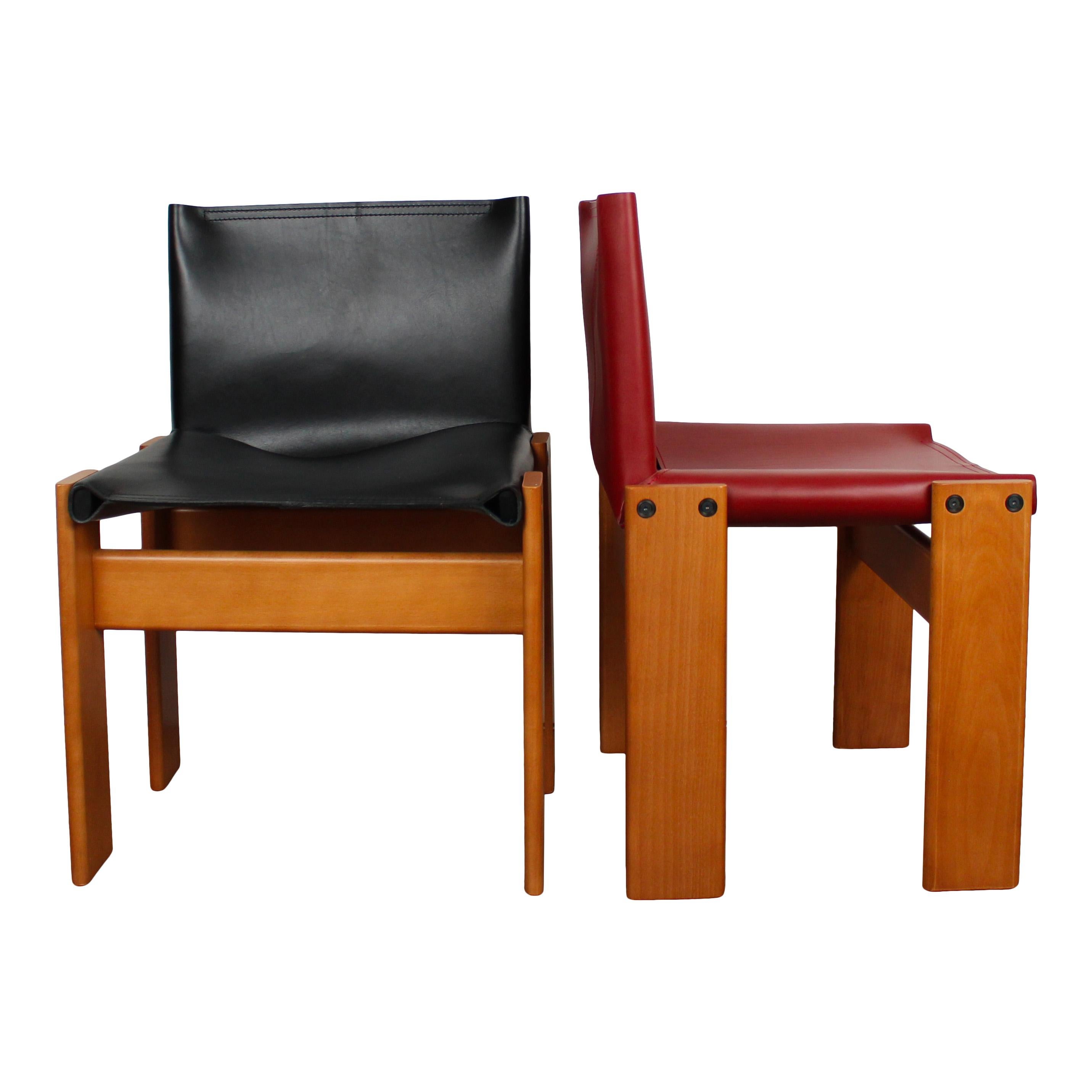 Sedia da pranzo Afra & Tobia Scarpa in pelle nera e rossa per Molteni, Set di 10 in vendita 1