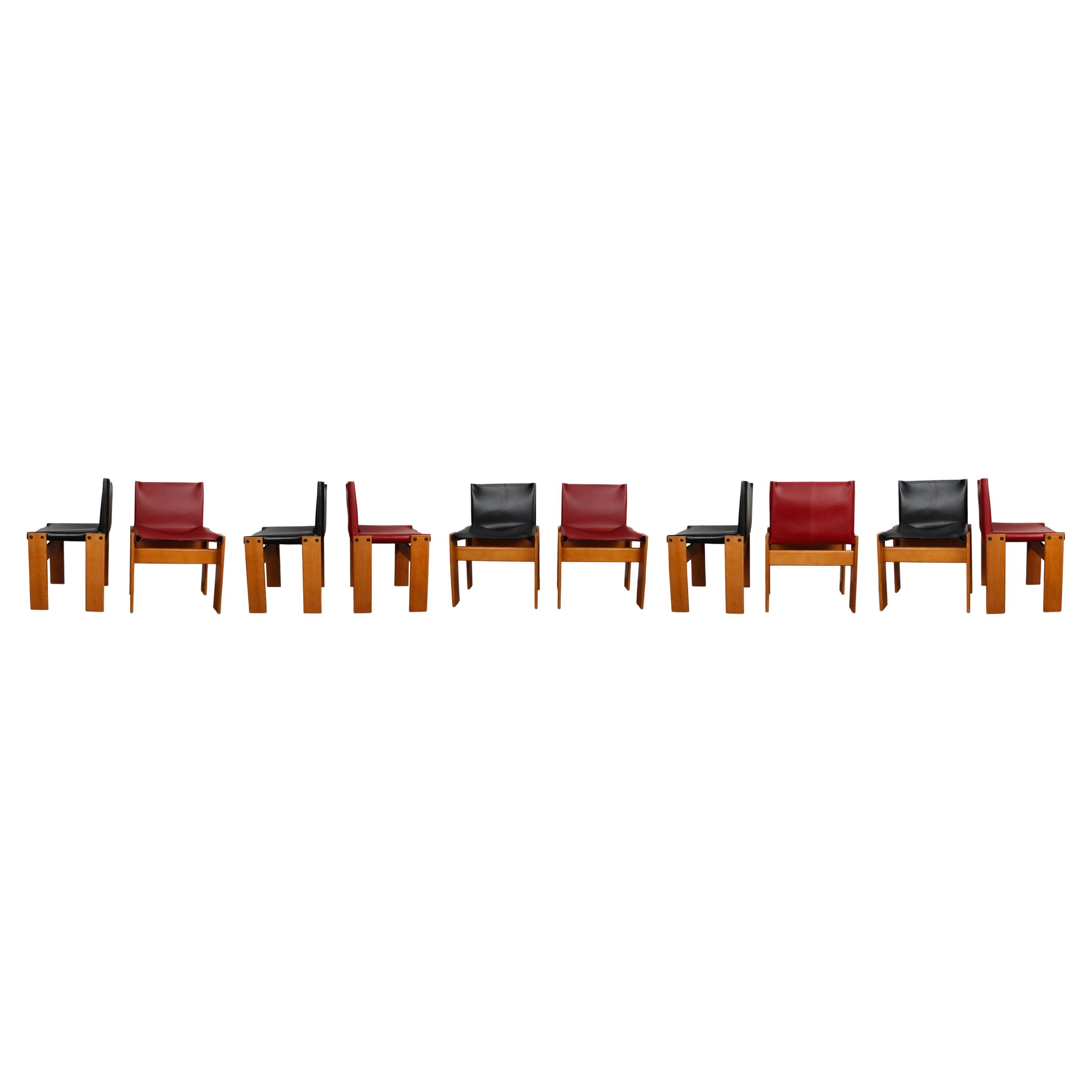 Afra & Tobia Scarpa Black & Red Leather Monk Dining Chair for Molteni, Set of 10 For Sale