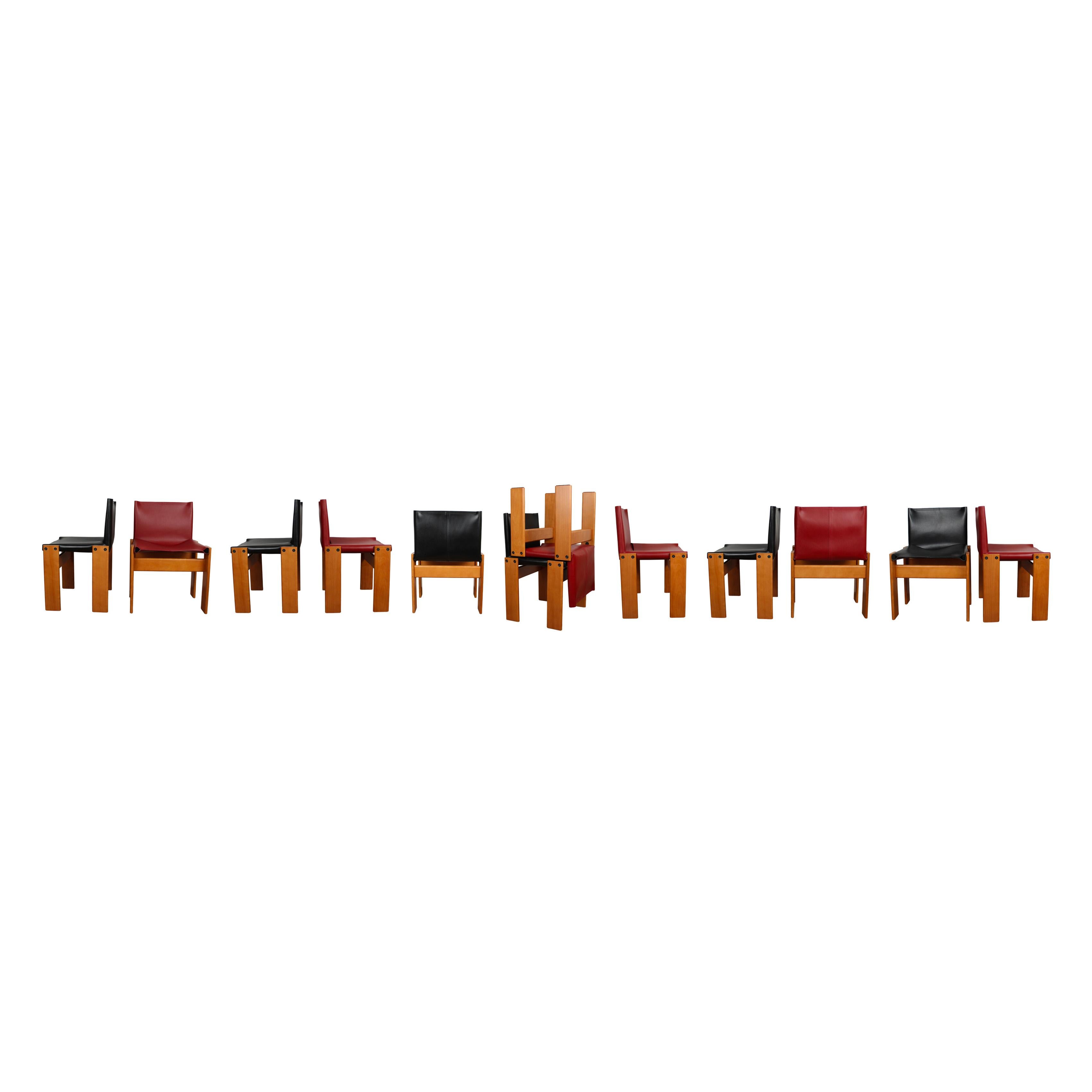 Mid-Century Modern Afra & Tobia Scarpa Black & Red Leather Monk Dining Chair for Molteni, Set of 12 For Sale