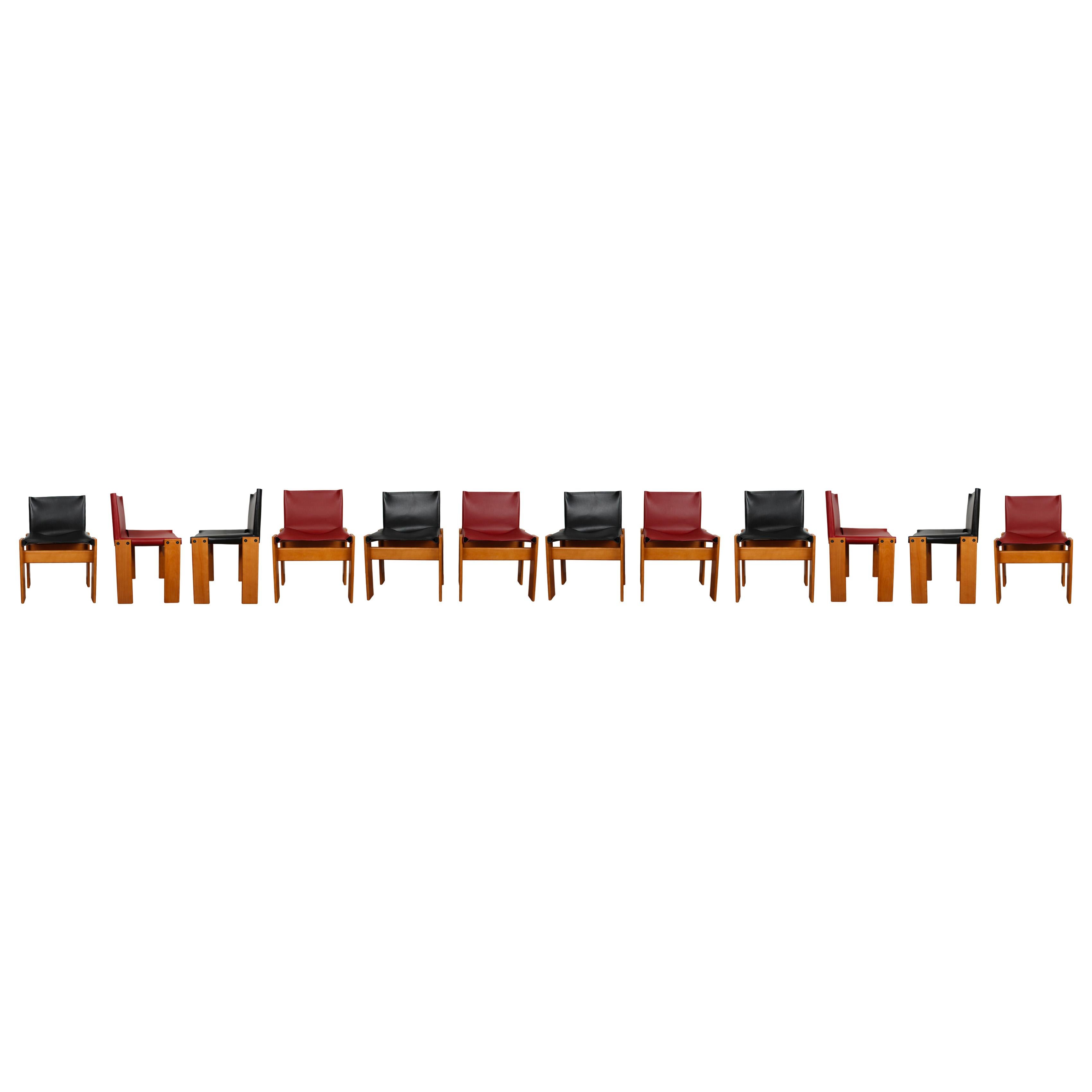 Italian Afra & Tobia Scarpa Black & Red Leather Monk Dining Chair for Molteni, Set of 12 For Sale