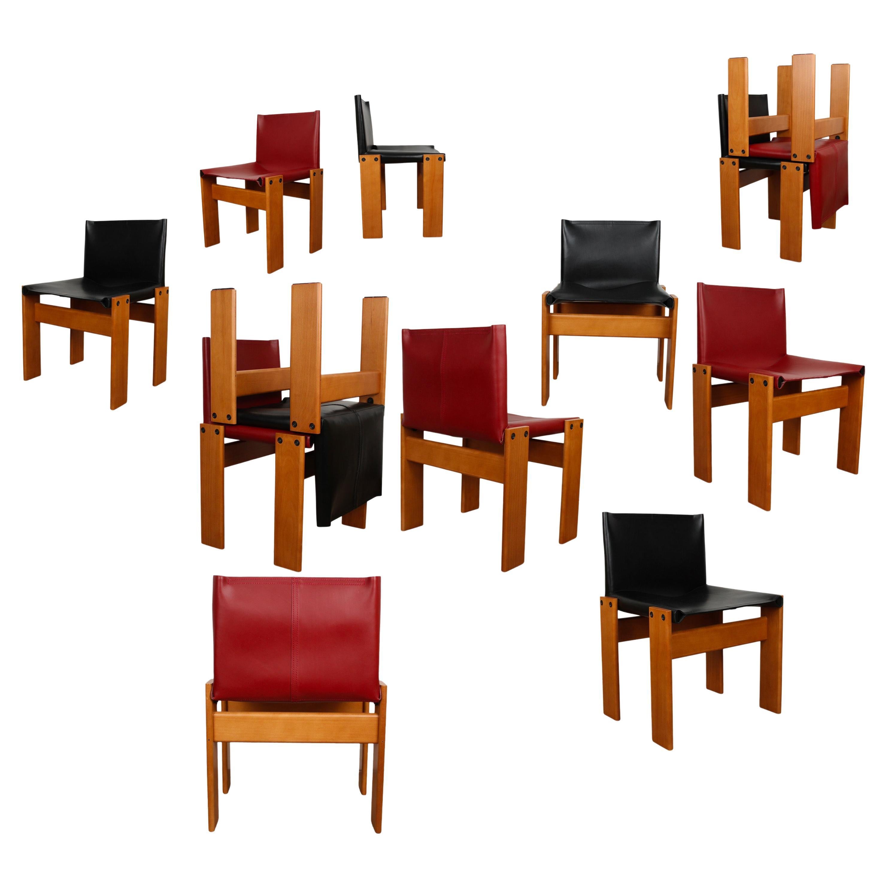 Afra & Tobia Scarpa Chaise de salle à manger Monk en cuir noir et rouge pour Molteni, ensemble de 12