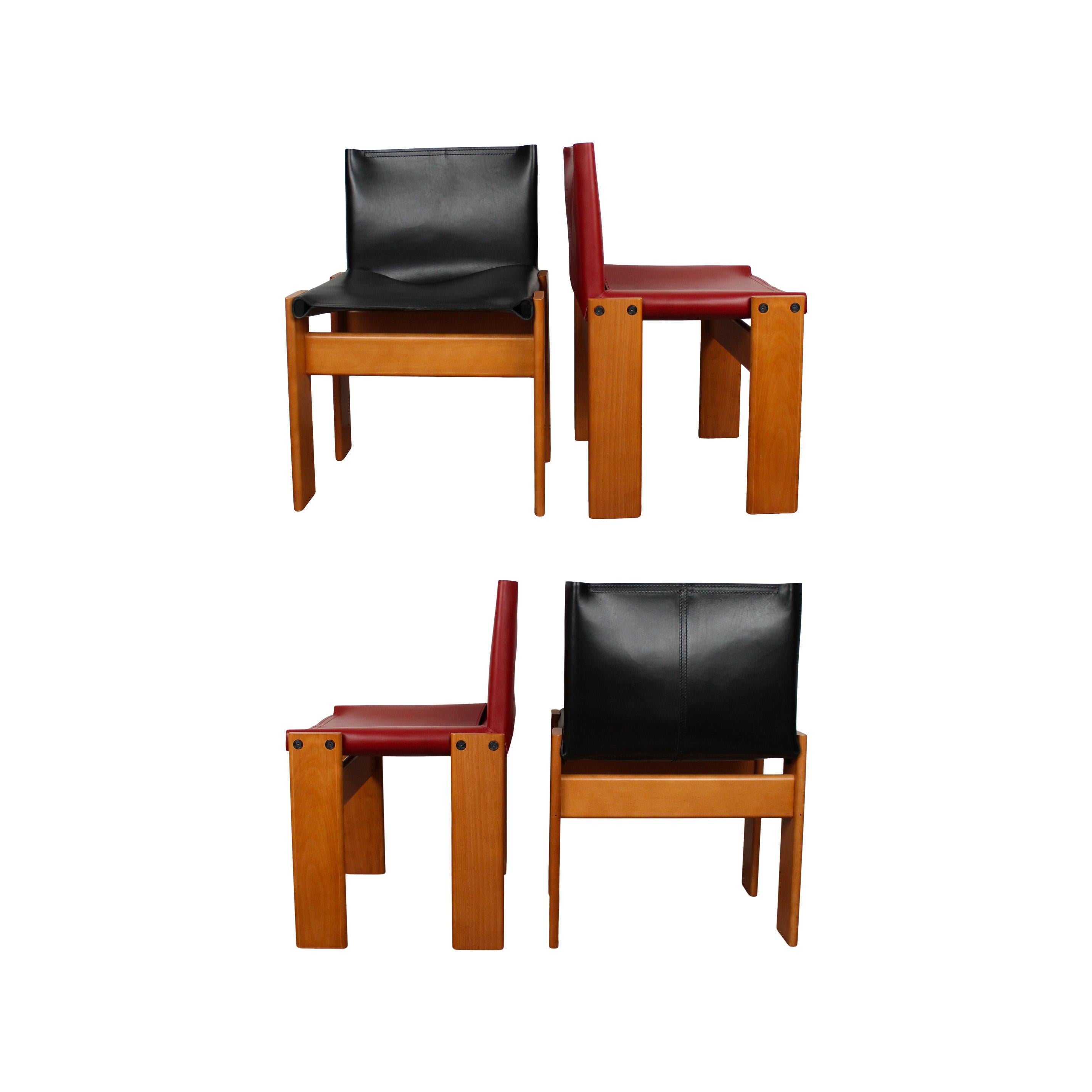 Mid-Century Modern Afra & Tobia Scarpa Black & Red Leather Monk Dining Chair for Molteni, Set of 4 For Sale
