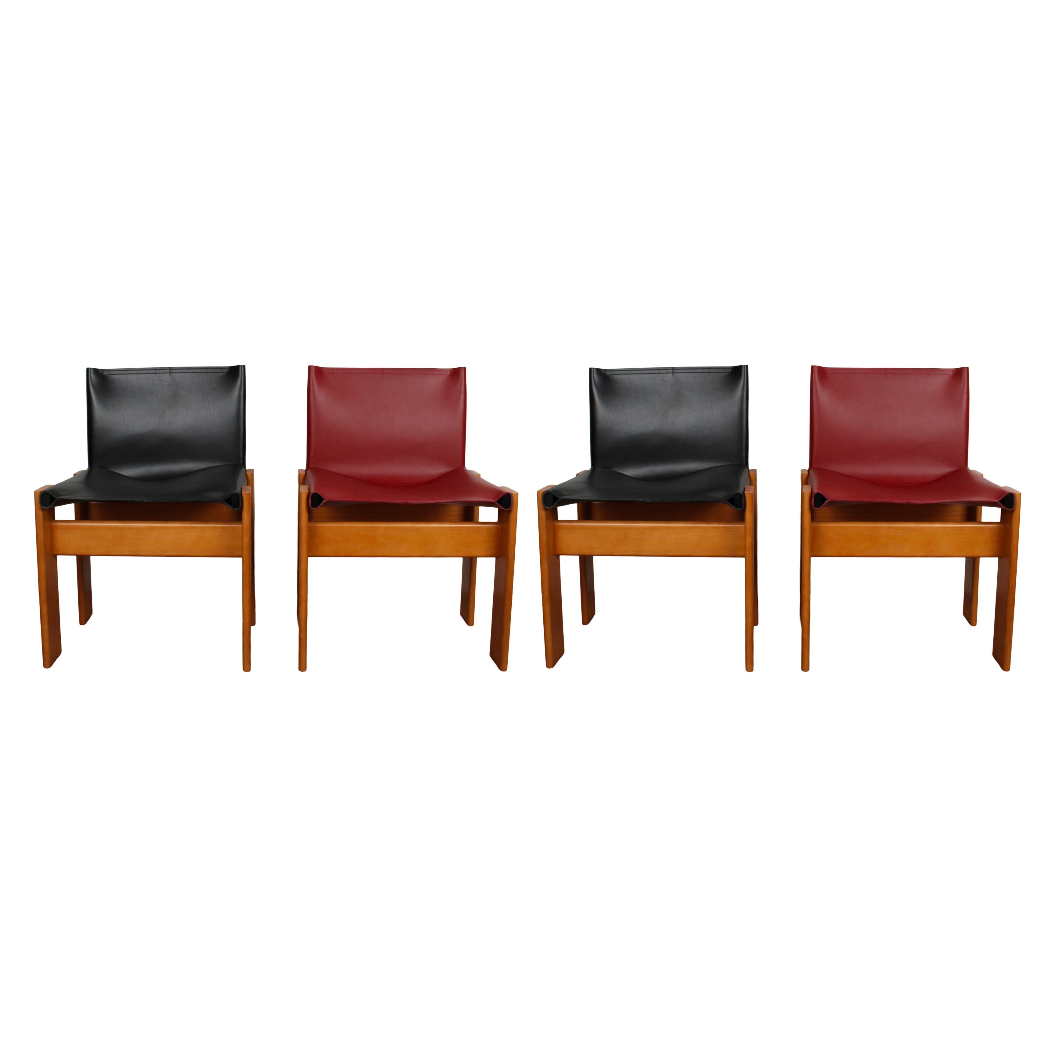 Italian Afra & Tobia Scarpa Black & Red Leather Monk Dining Chair for Molteni, Set of 4 For Sale