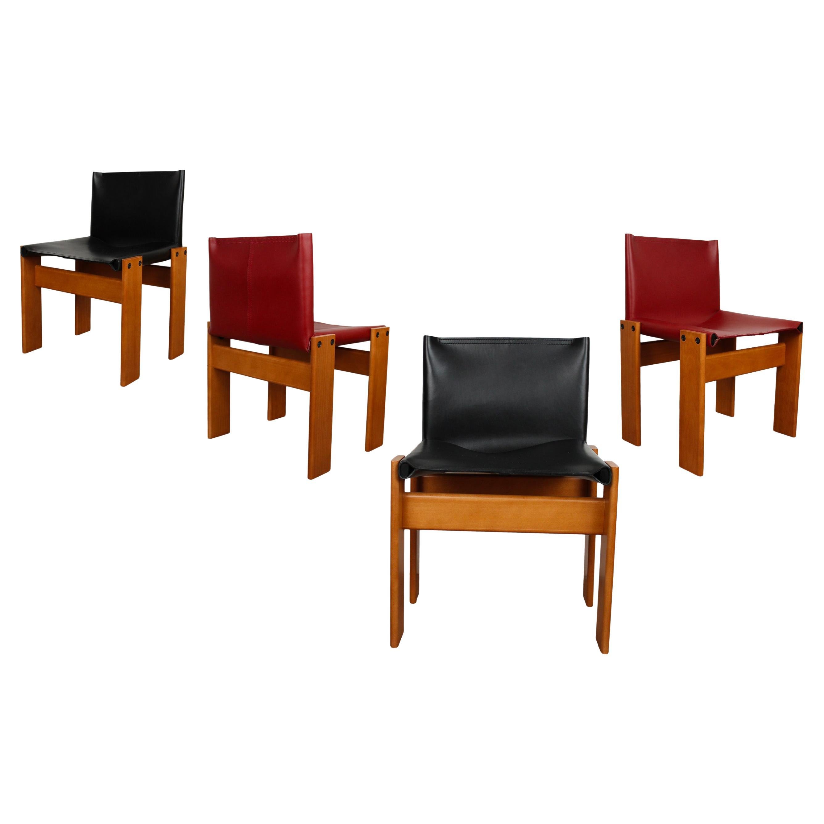 Afra & Tobia Scarpa Black & Red Leather Monk Dining Chair for Molteni, Set of 4 For Sale
