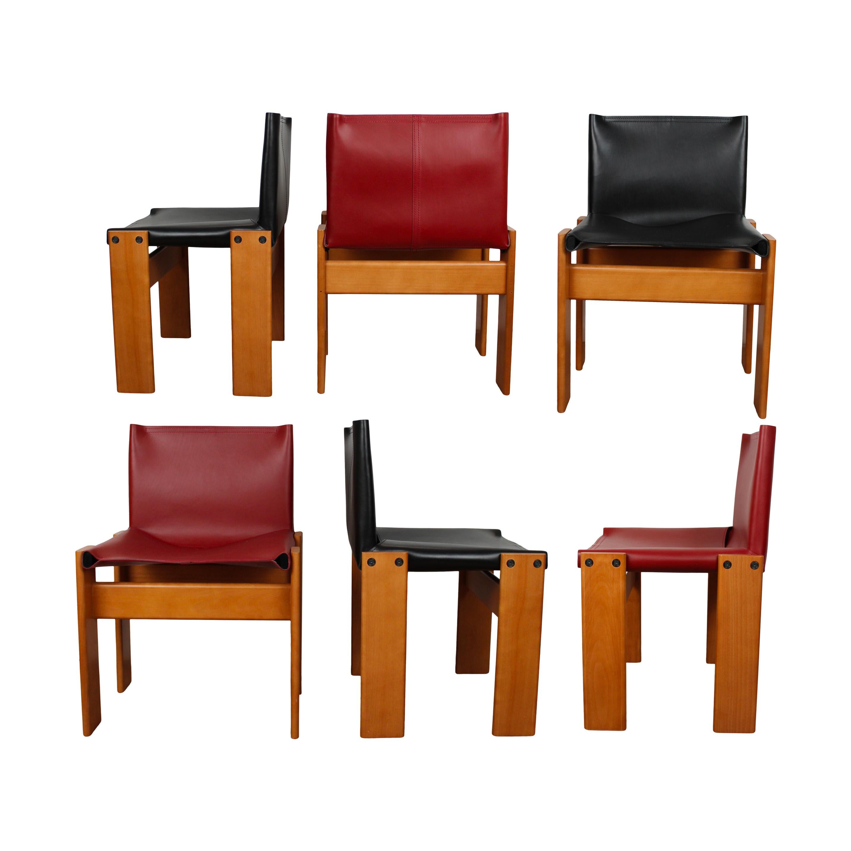 Italian Afra & Tobia Scarpa Black & Red Leather Monk Dining Chair for Molteni, Set of 6 For Sale