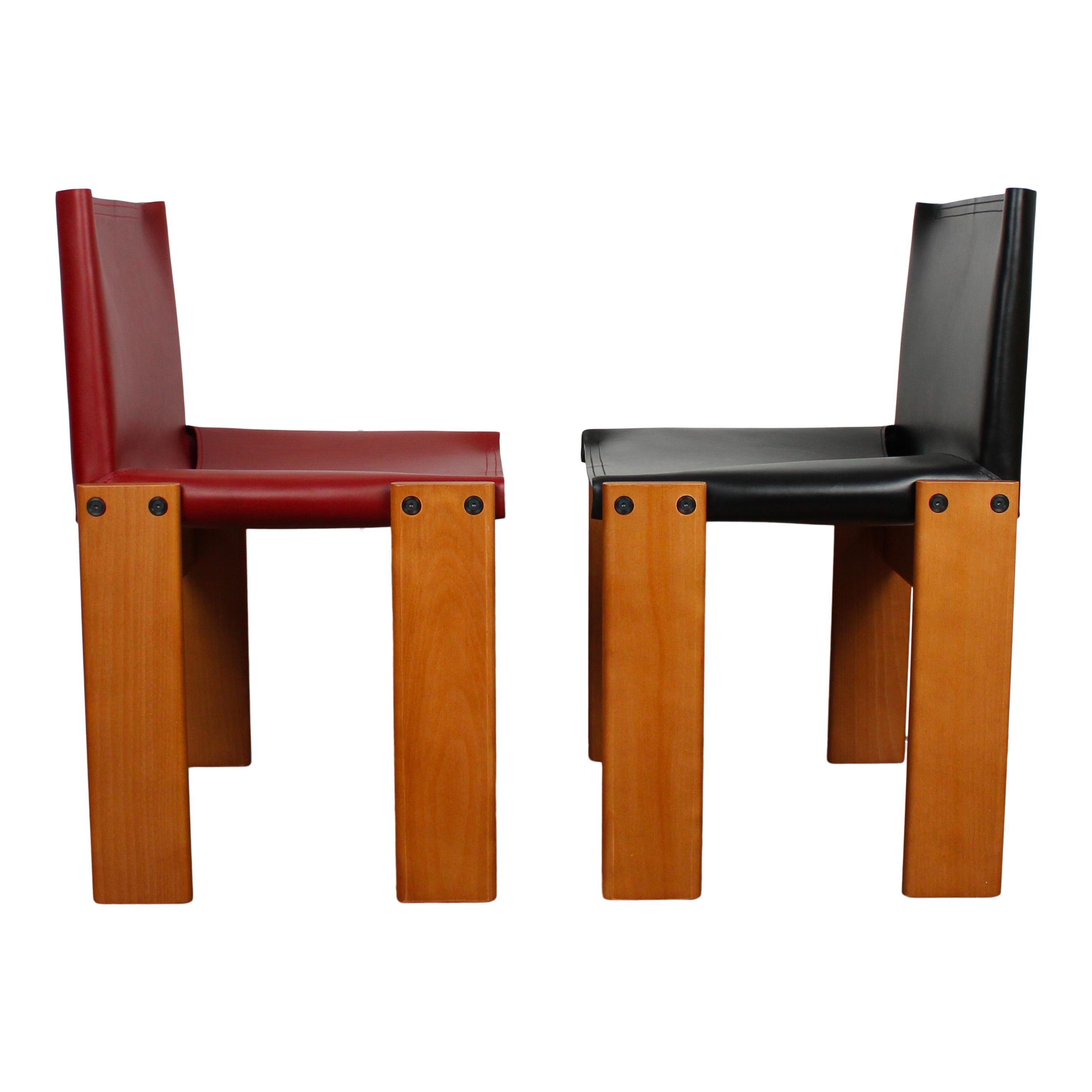 Late 20th Century Afra & Tobia Scarpa Black & Red Leather Monk Dining Chair for Molteni, Set of 6 For Sale