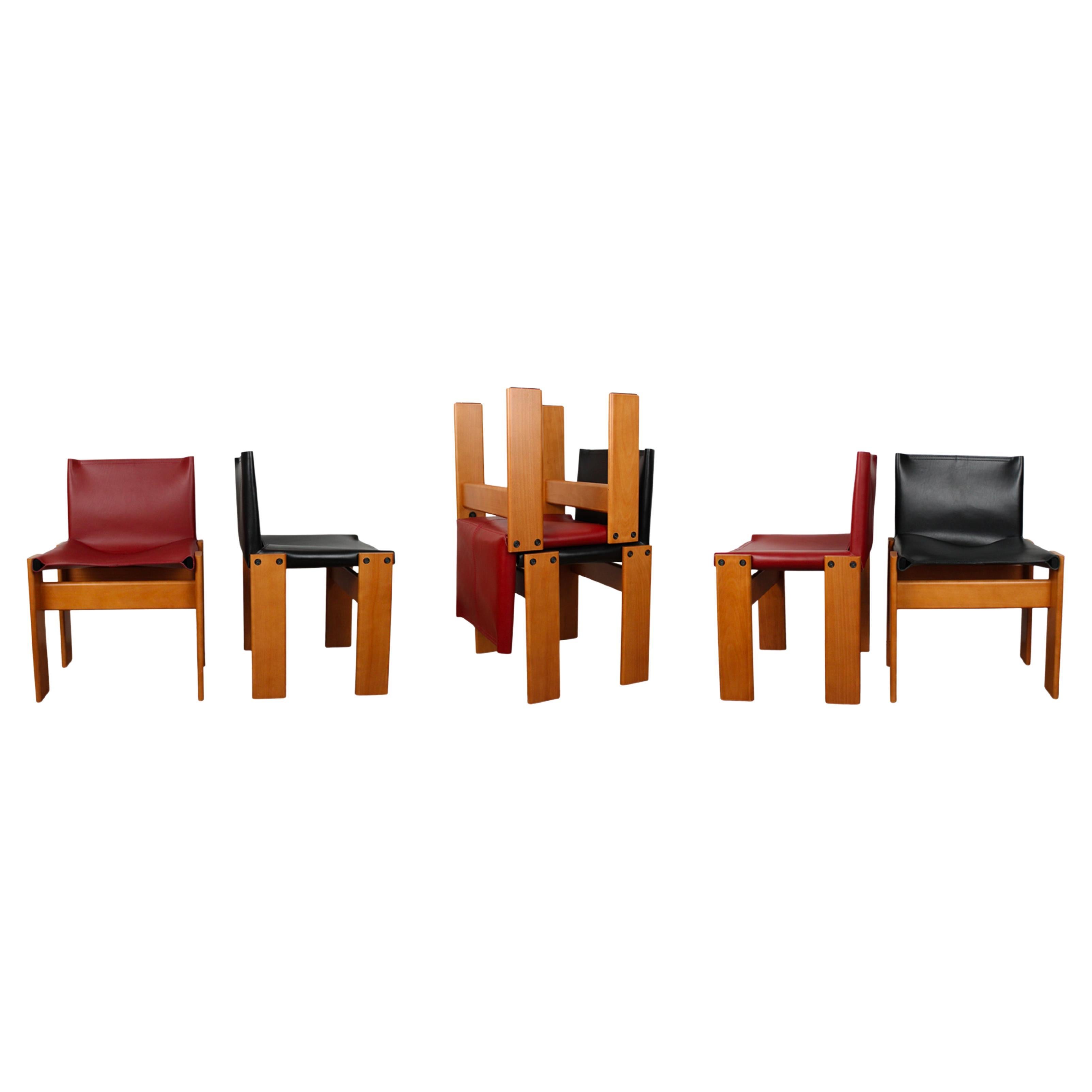 Afra & Tobia Scarpa Black & Red Leather Monk Dining Chair for Molteni, Set of 6 For Sale