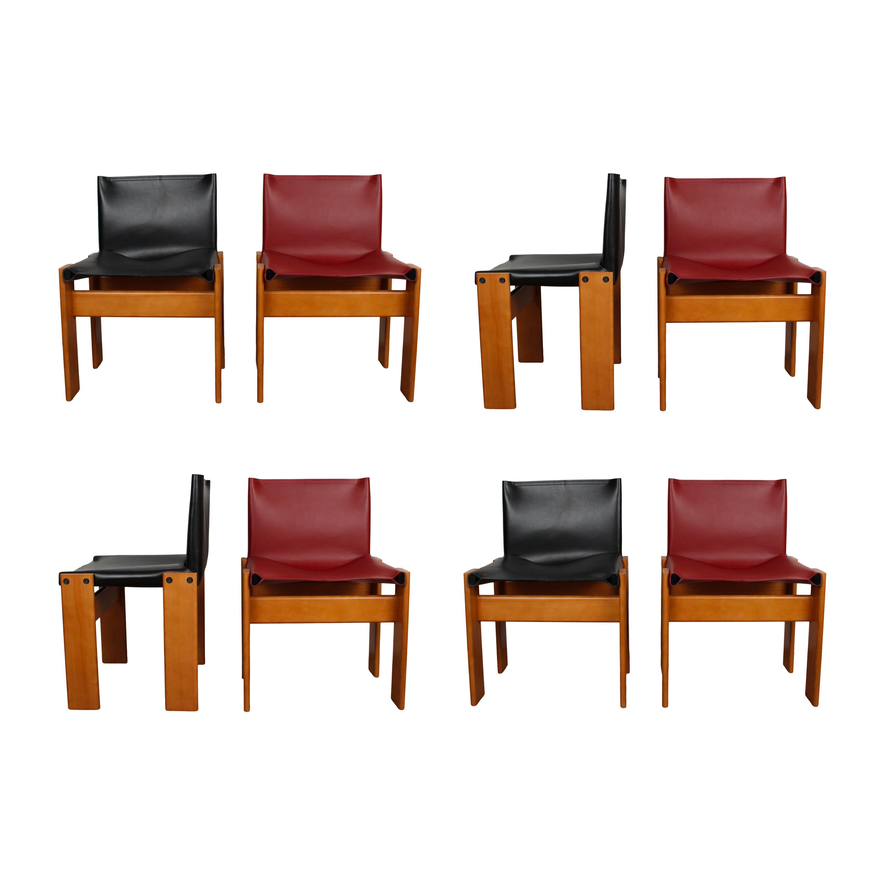 Mid-Century Modern Afra & Tobia Scarpa Chaise de salle à manger Monk en cuir noir et rouge pour Molteni, ensemble de 8 en vente
