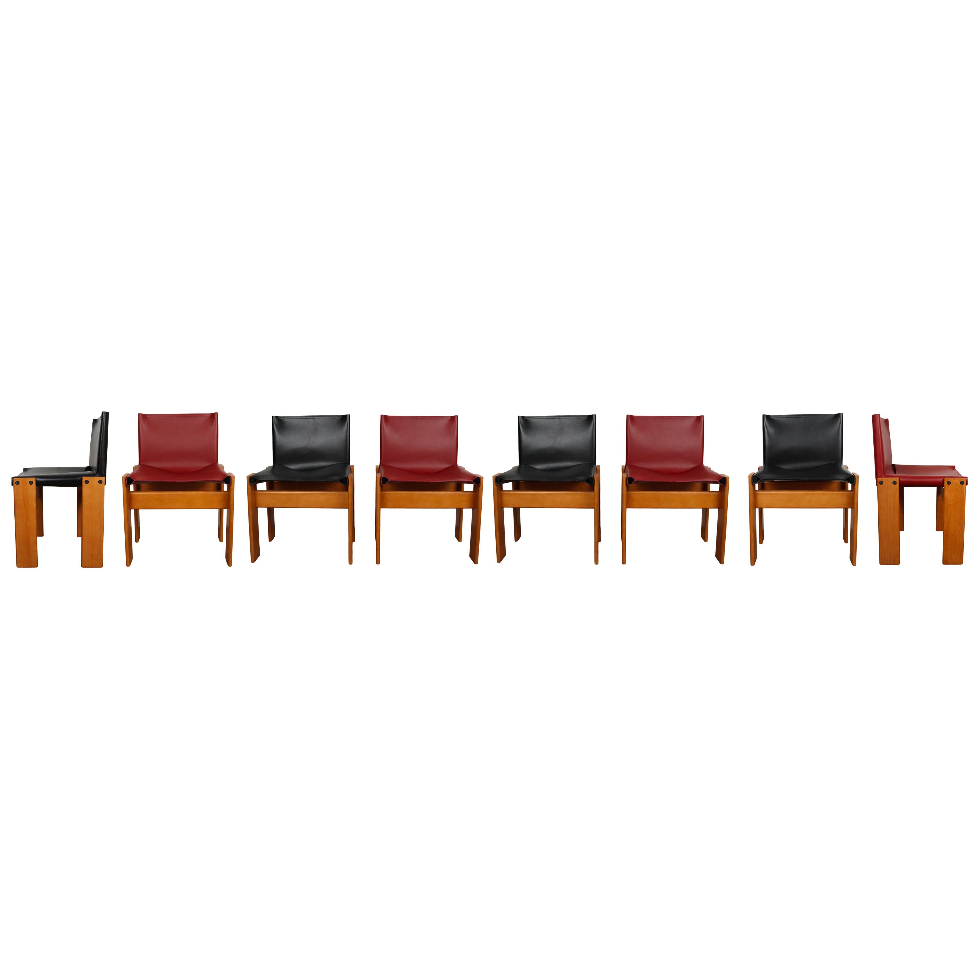 Italian Afra & Tobia Scarpa Black & Red Leather Monk Dining Chair for Molteni, Set of 8 For Sale