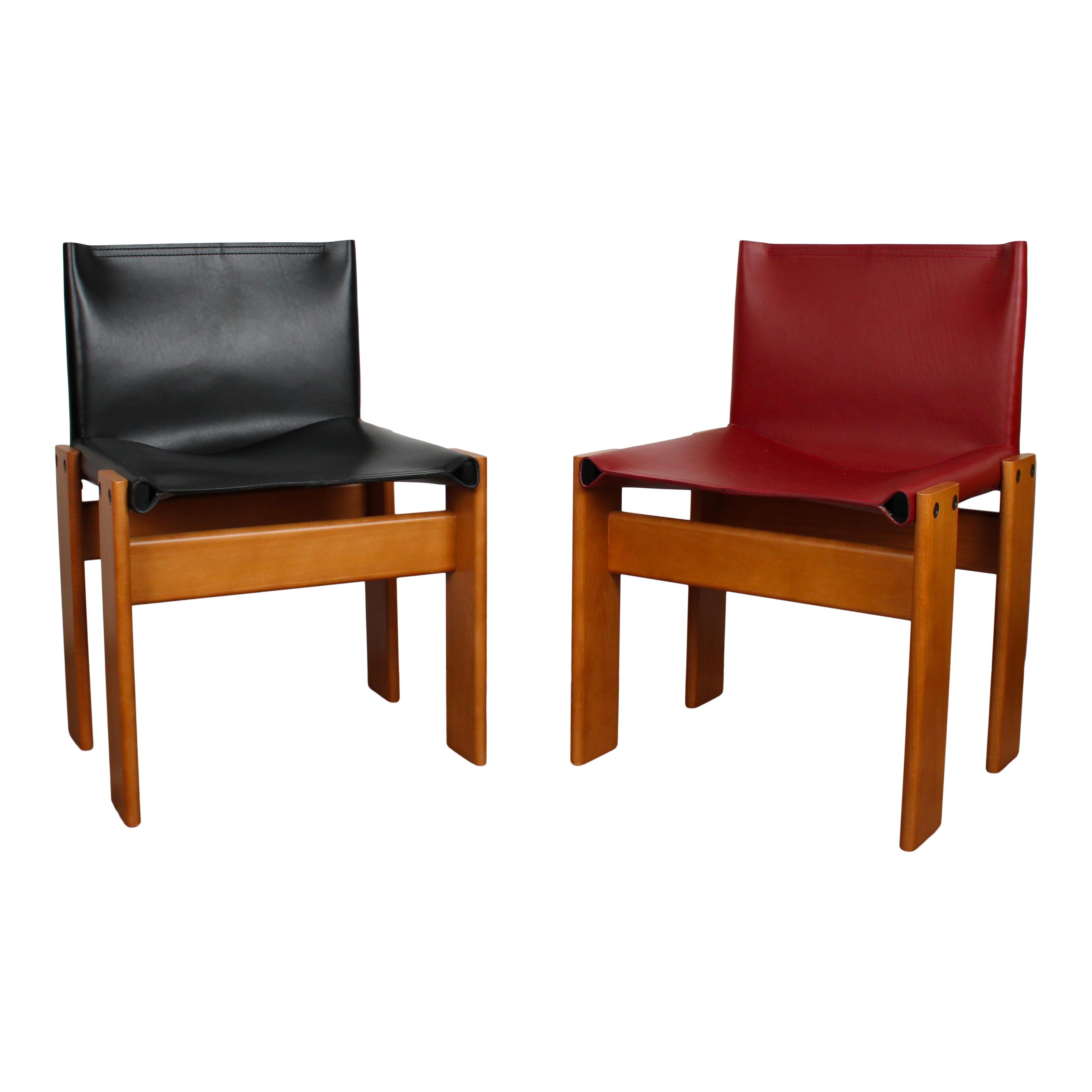 Sedia da pranzo Afra & Tobia Scarpa in pelle nera e rossa per Molteni, Set di 8 in vendita 1