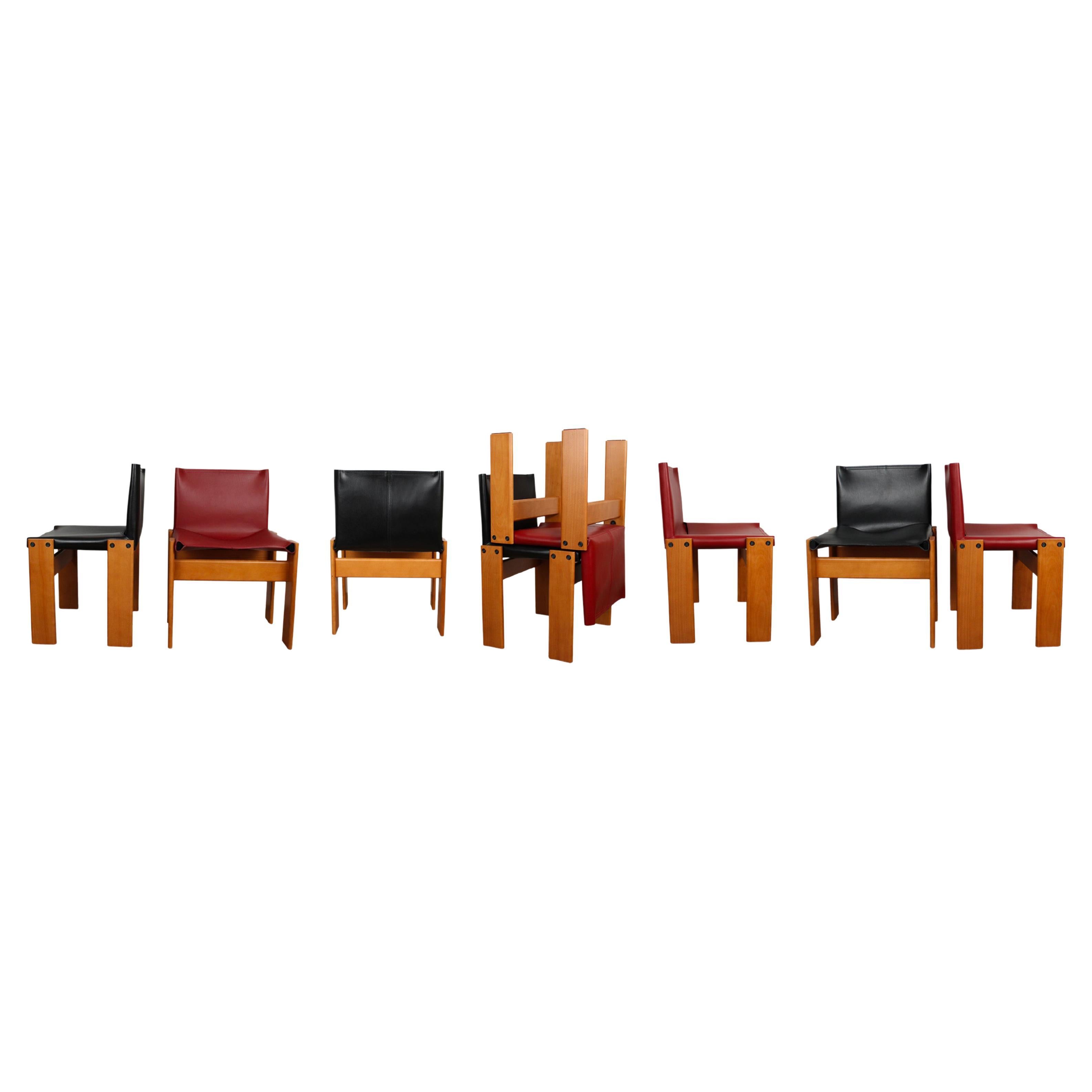 Afra & Tobia Scarpa Black & Red Leather Monk Dining Chair for Molteni, Set of 8