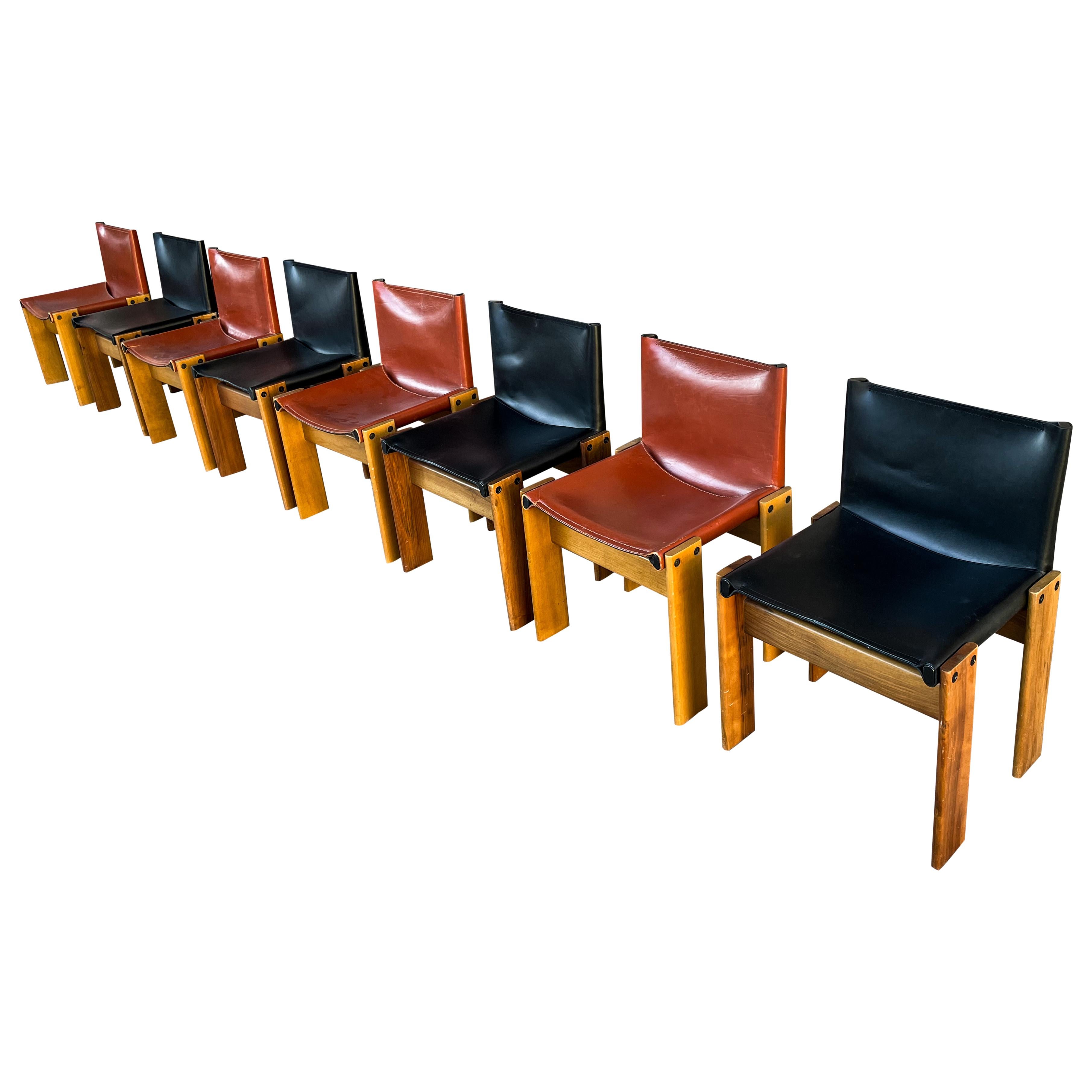 Italian Afra & Tobia Scarpa Brick Leather Monk Dining Chair for Molteni, 1973, Set of 8 For Sale