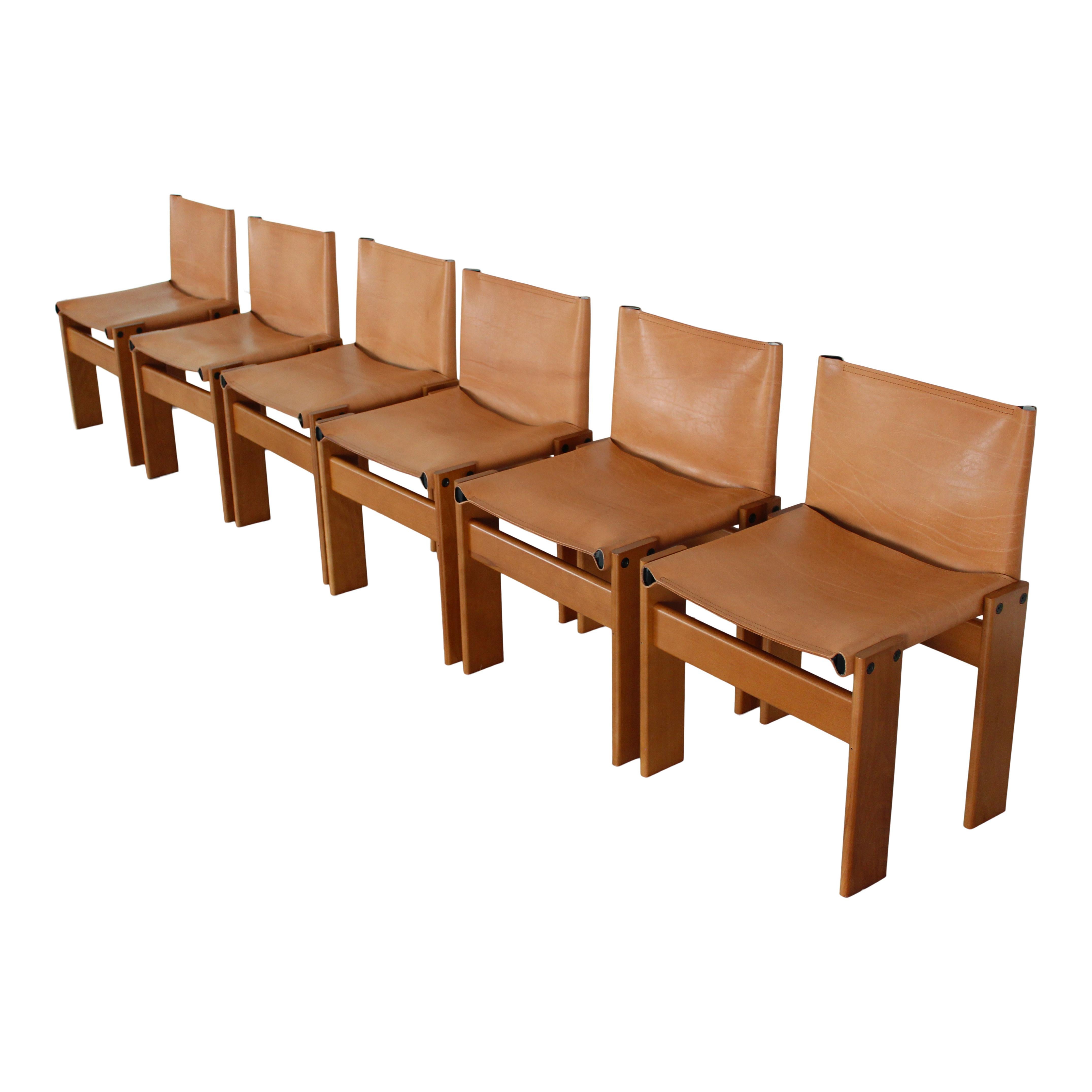 Mid-Century Modern Afra & Tobia Scarpa Chaise de salle à manger Monk en cuir de buffle pour Molteni, ensemble de 6 en vente