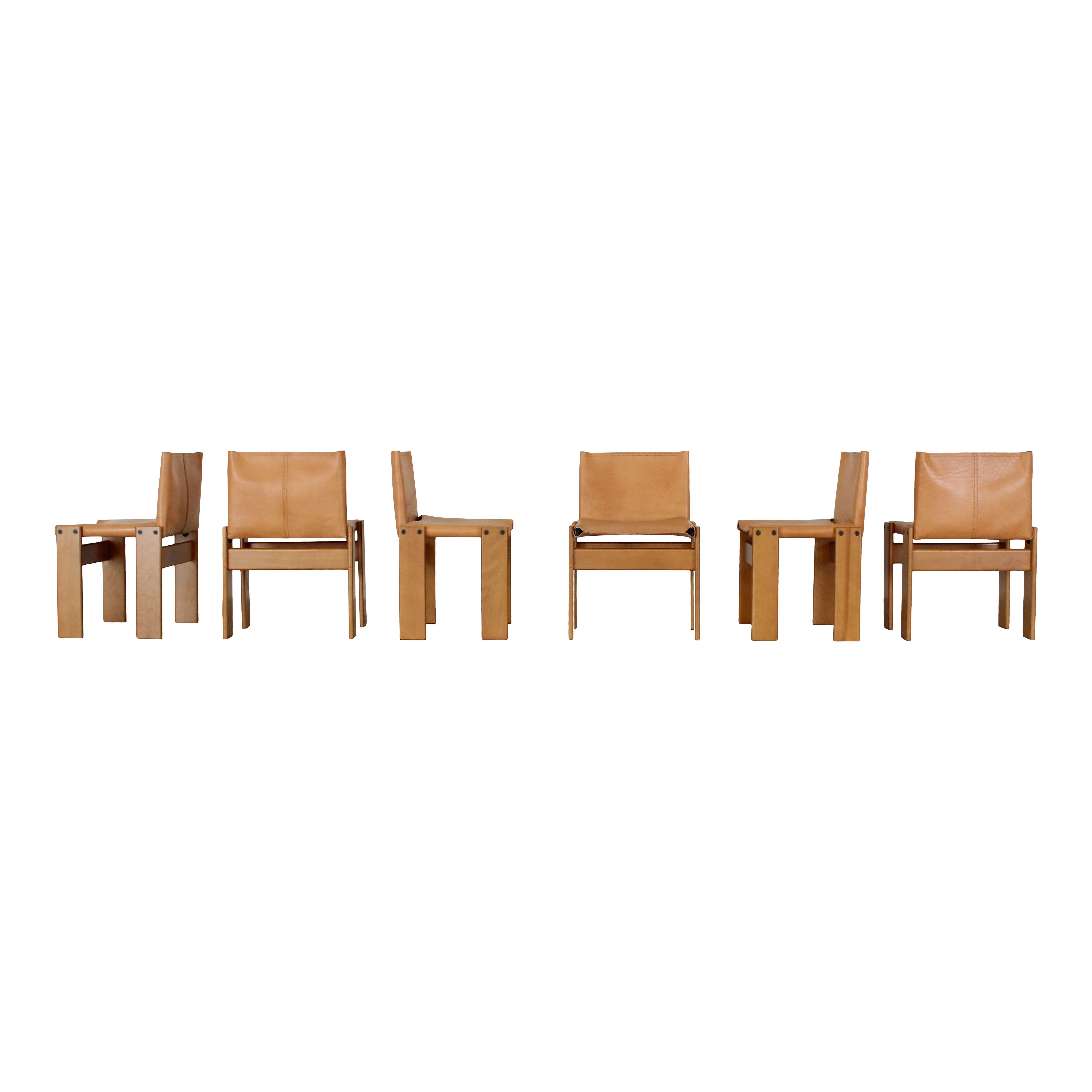 italien Afra & Tobia Scarpa Chaise de salle à manger Monk en cuir de buffle pour Molteni, ensemble de 6 en vente