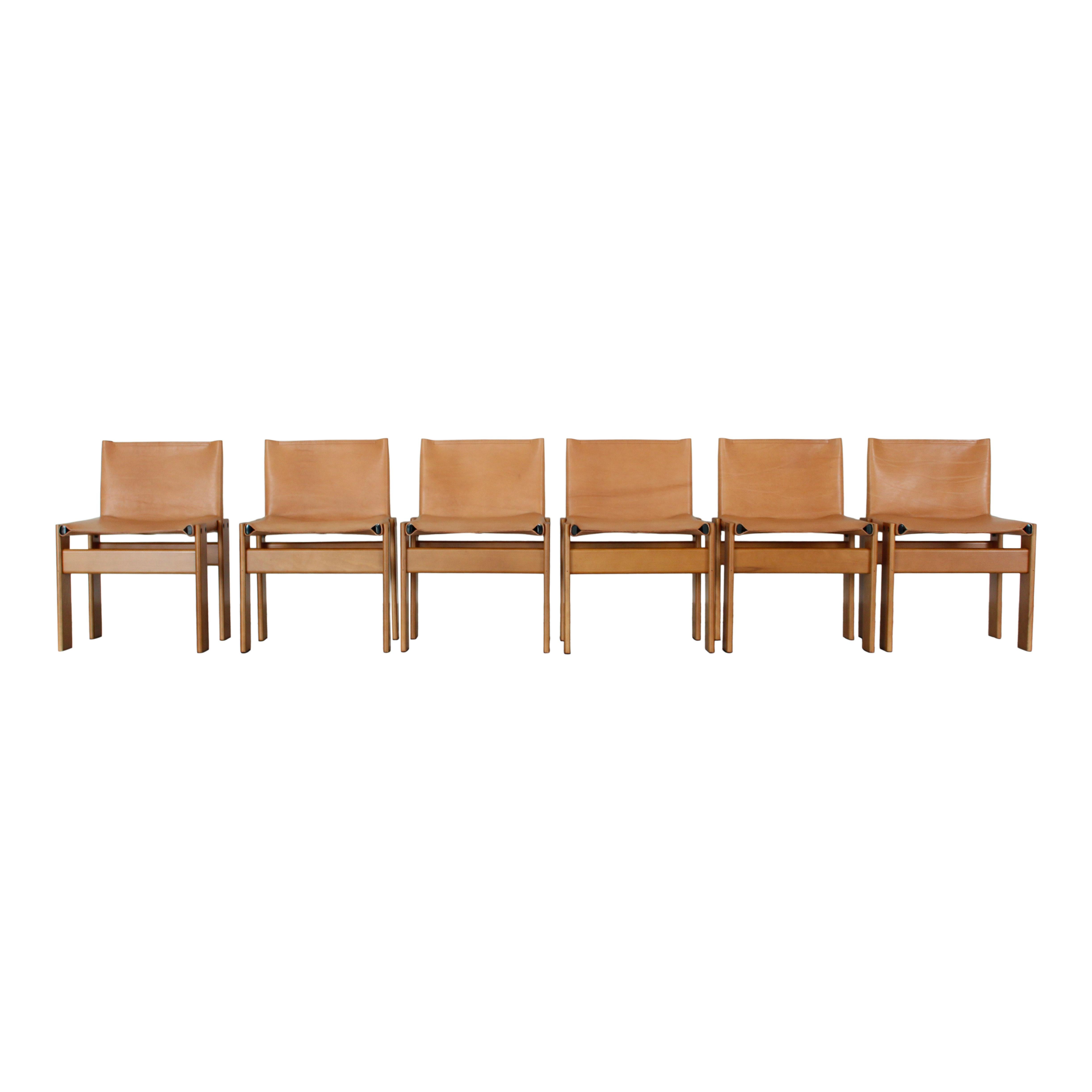 Fin du 20e siècle Afra & Tobia Scarpa Chaise de salle à manger Monk en cuir de buffle pour Molteni, ensemble de 6 en vente