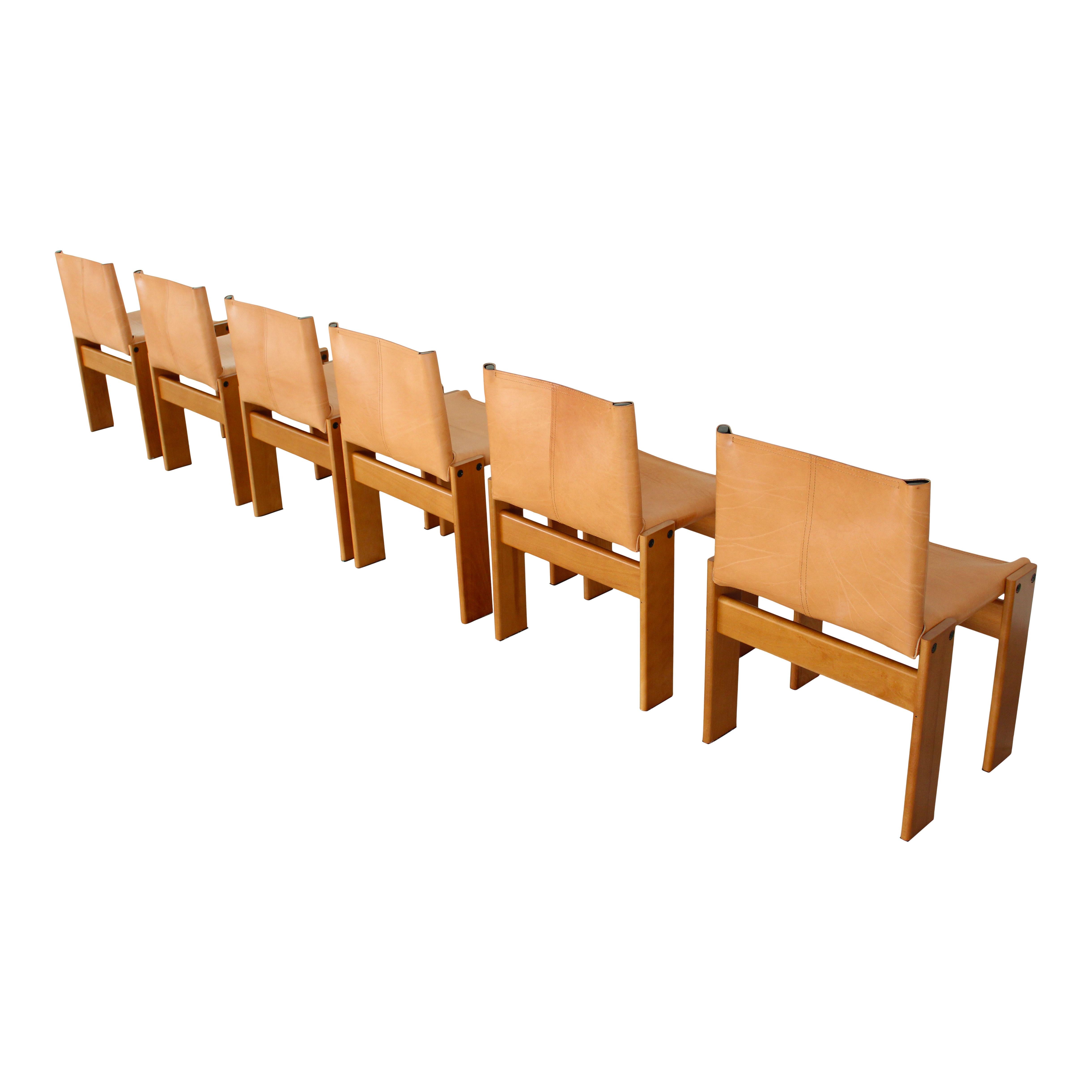 Cuir Afra & Tobia Scarpa Chaise de salle à manger Monk en cuir de buffle pour Molteni, ensemble de 6 en vente