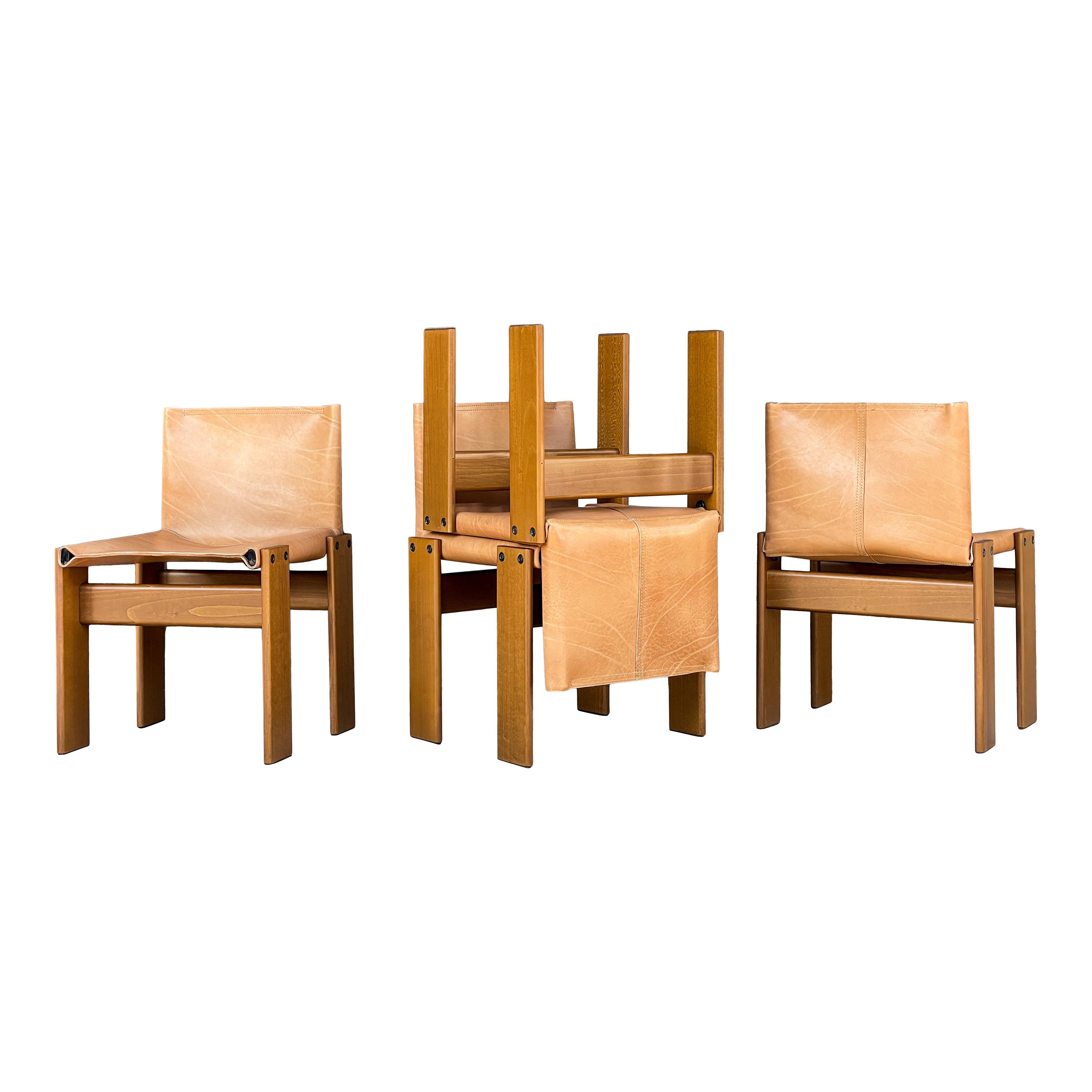 Cognacfarbener Monk-Esszimmerstuhl aus Leder von Afra & Tobia Scarpa für Molteni, 1973, 2er-Set, Set im Angebot 1