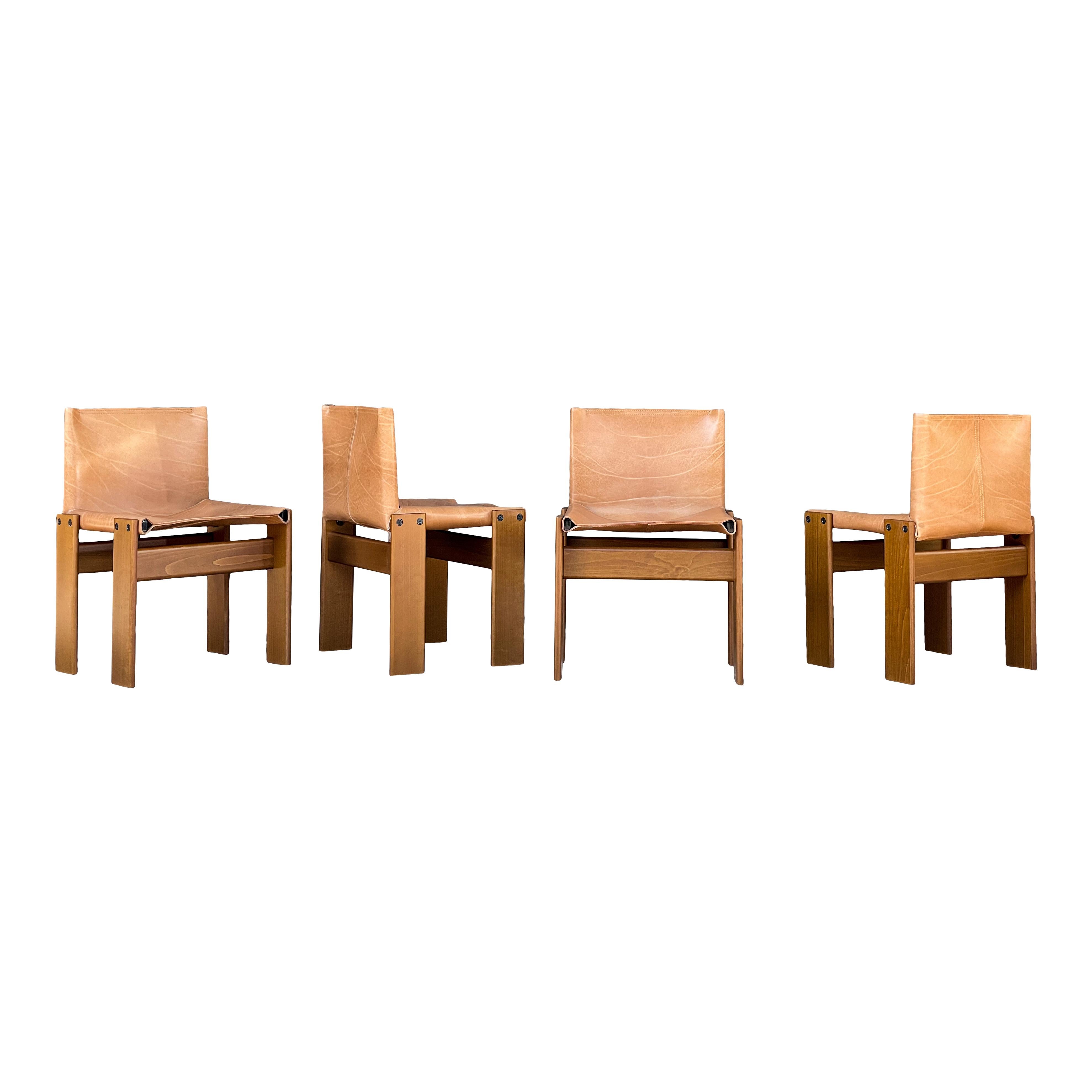 Mid-Century moderno Sedia da pranzo Afra & Tobia Scarpa in pelle Cognac per Molteni, 1973, Set di 4 in vendita
