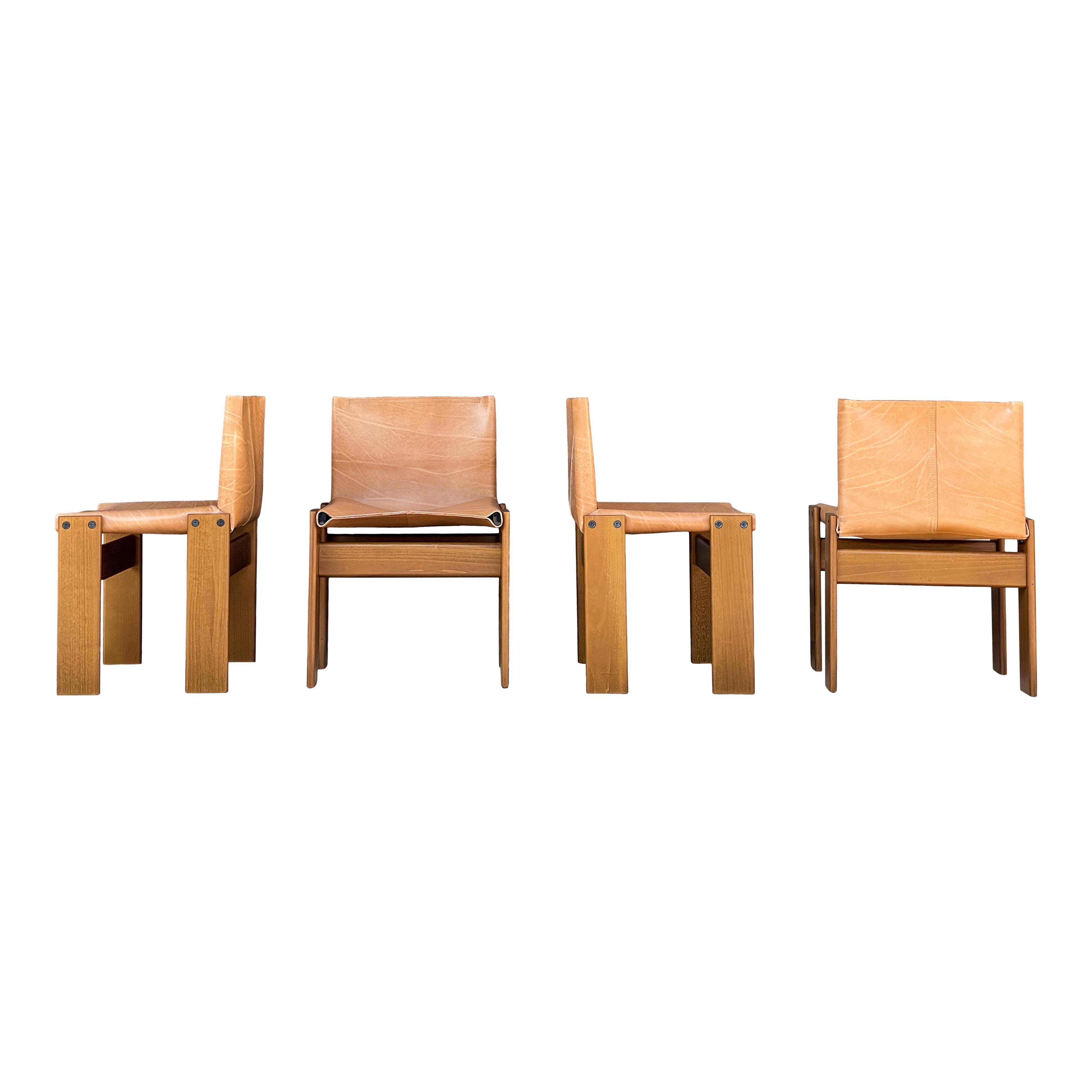 Mid-Century Modern Afra & Tobia Scarpa Cognac Leather Monk Dining Chair for Molteni, 1973, Set of 4 For Sale