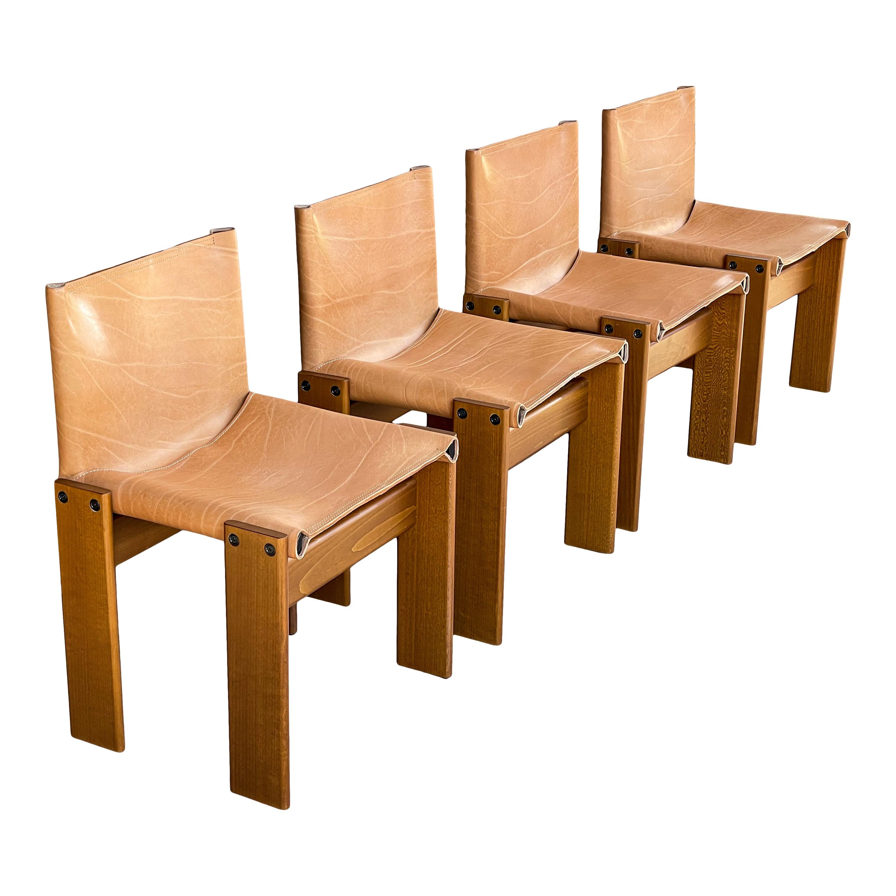 Italian Afra & Tobia Scarpa Cognac Leather Monk Dining Chair for Molteni, 1973, Set of 4 For Sale