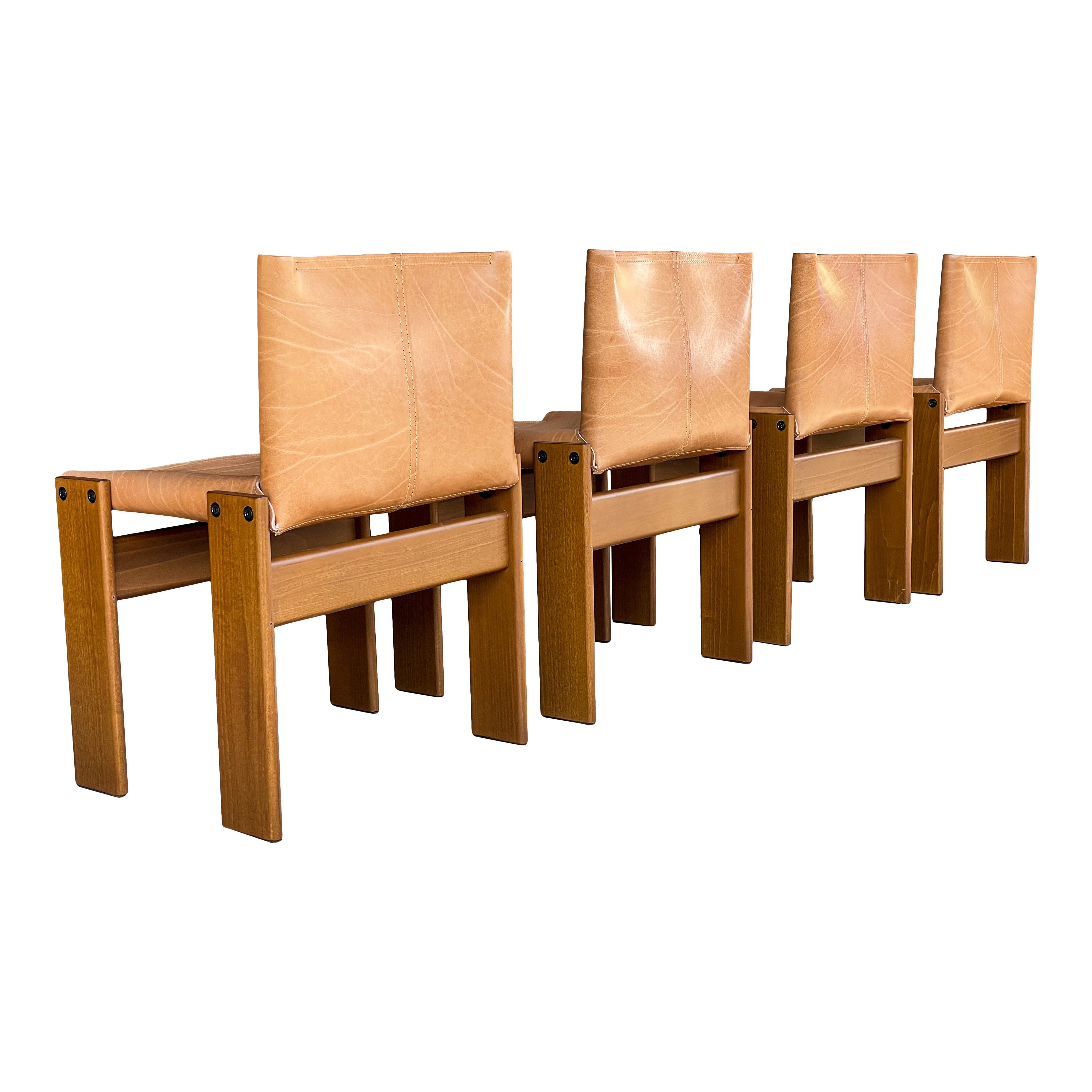 Late 20th Century Afra & Tobia Scarpa Cognac Leather Monk Dining Chair for Molteni, 1973, Set of 4 For Sale