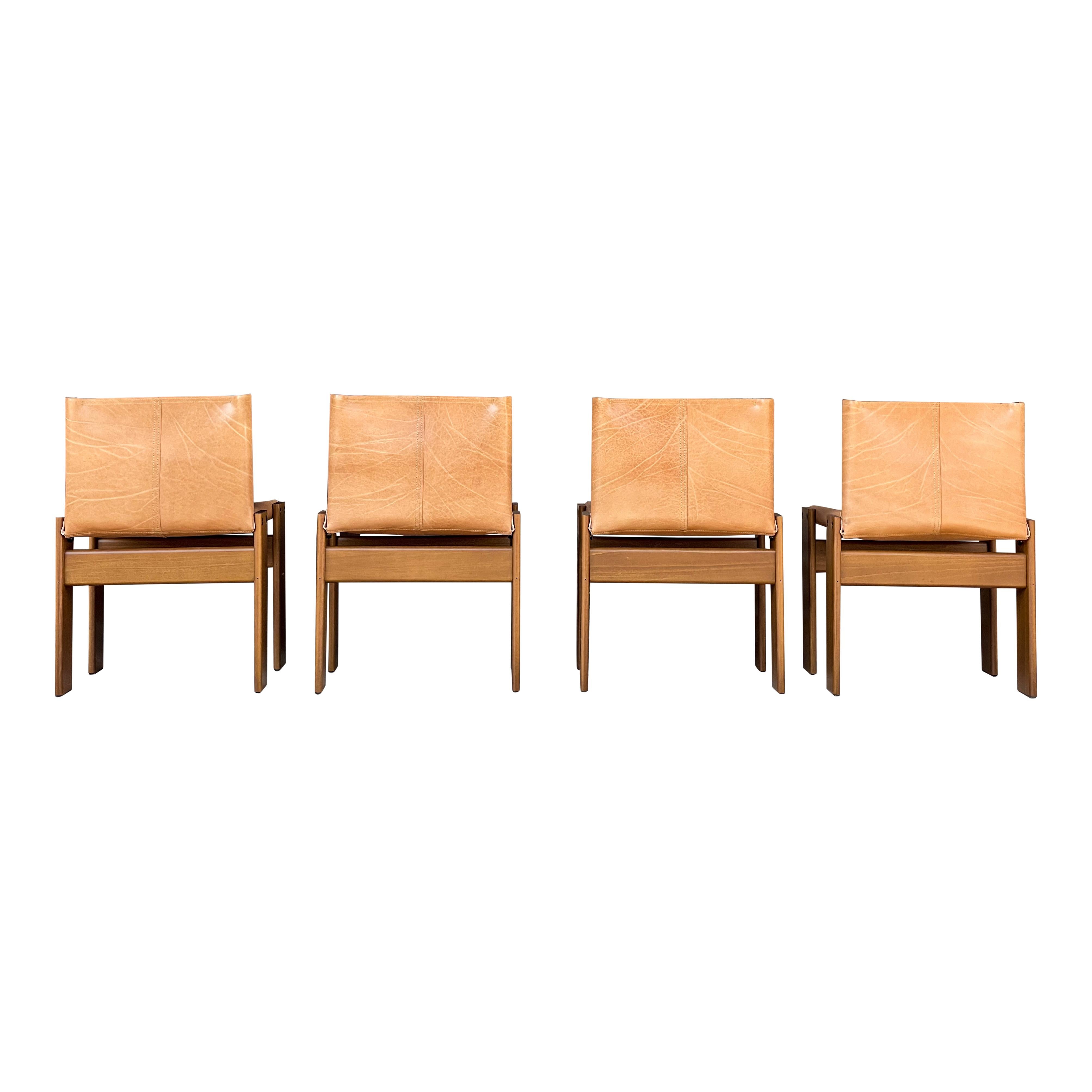 Afra & Tobia Scarpa Cognac Leather Monk Dining Chair for Molteni, 1973, Set of 4 For Sale 1